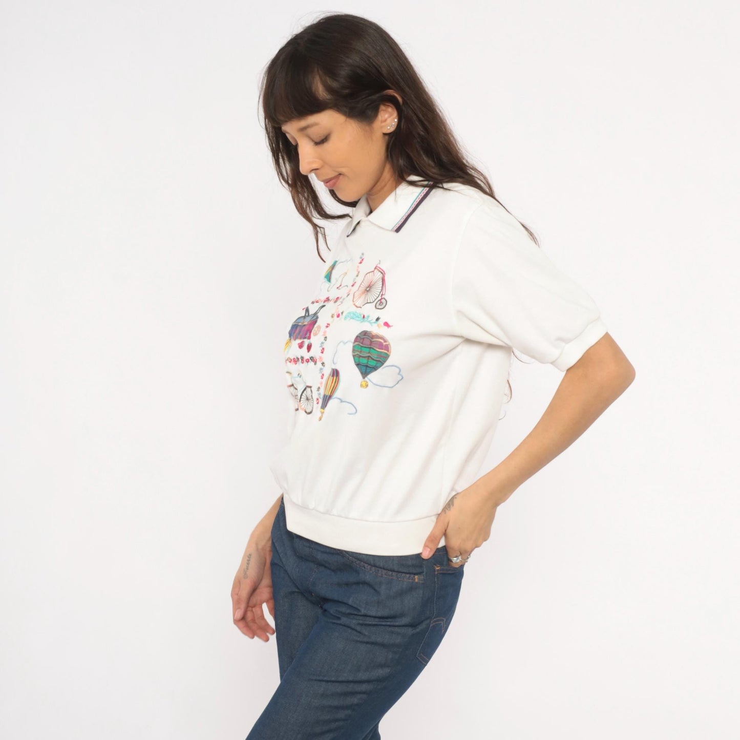 Alfred Dunner 80s Embroidered Polo Shirt Hot Air Balloon Bicycle White Petite Medium