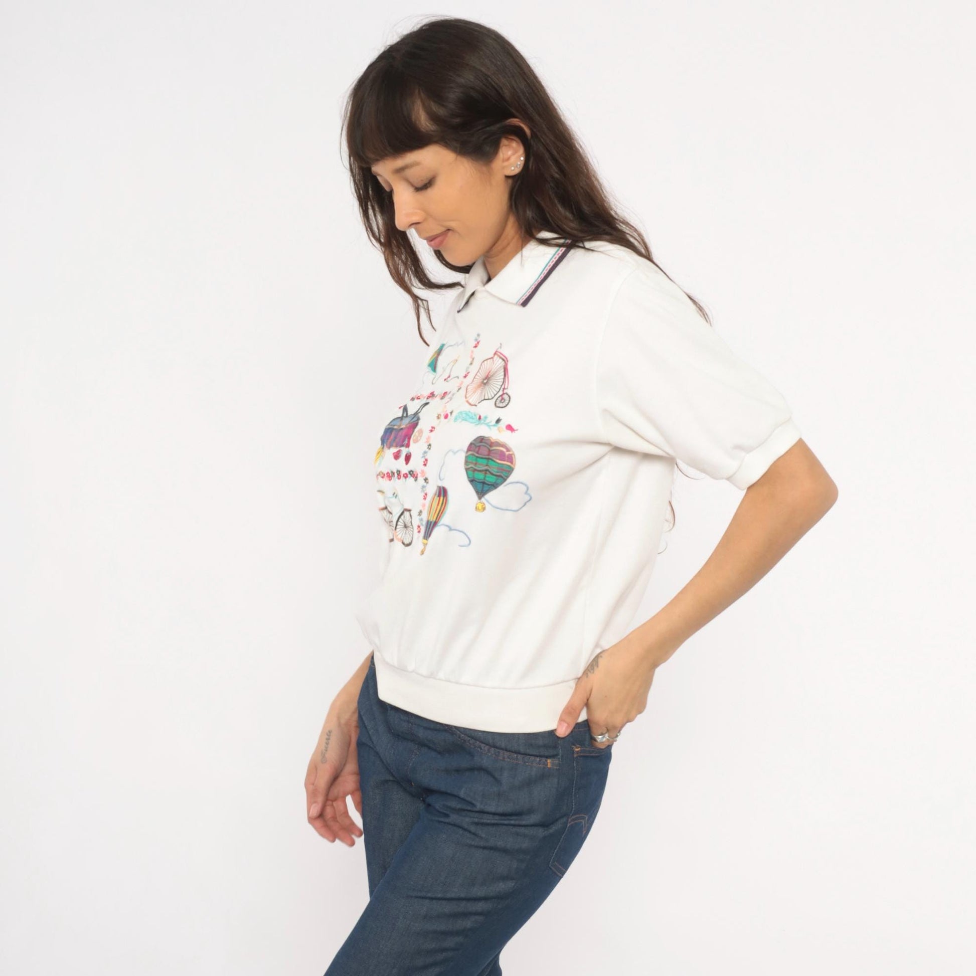 Alfred Dunner 80s Embroidered Polo Shirt Hot Air Balloon Bicycle White Petite Medium