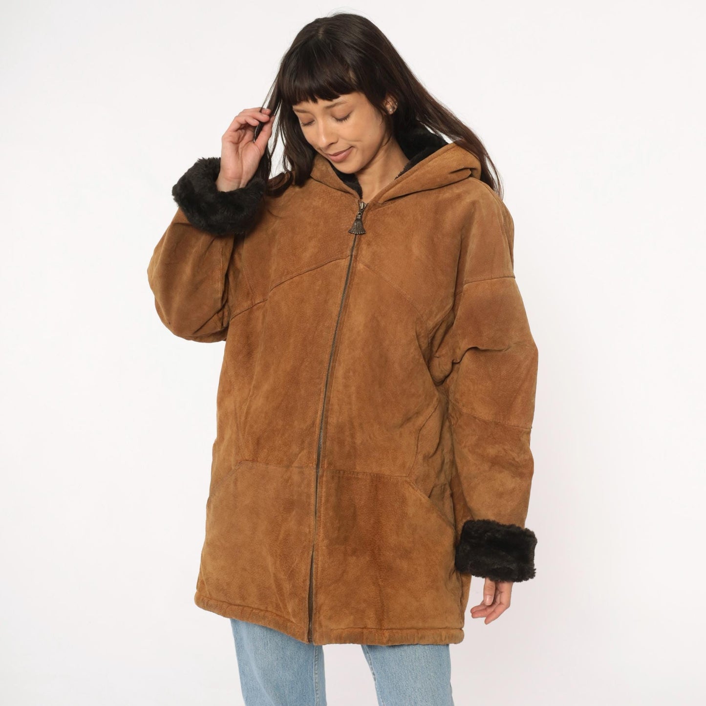 90s Tan Leather Hooded Jacket Faux Fur Lining Black Trim Large L