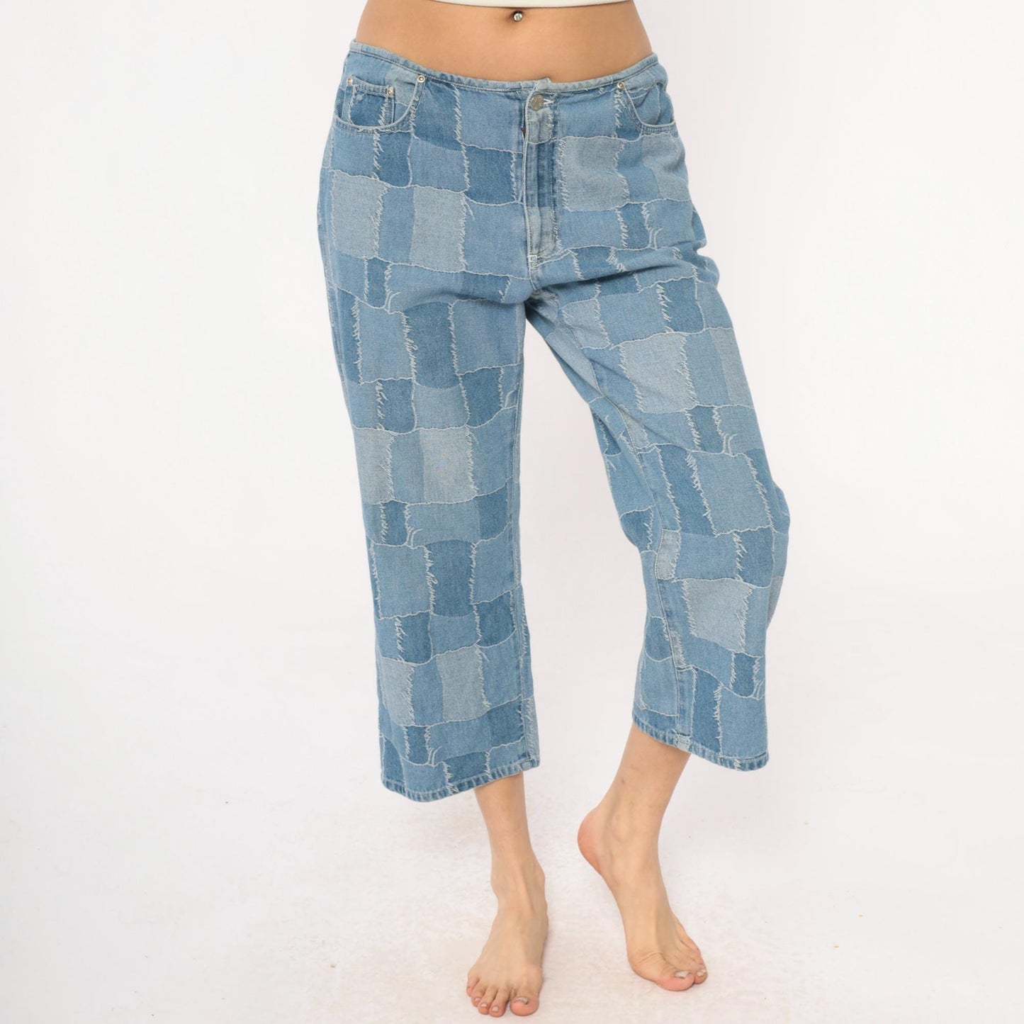 Y2K Carolina Blues Patchwork Denim Jeans Cropped Light Blue Medium M