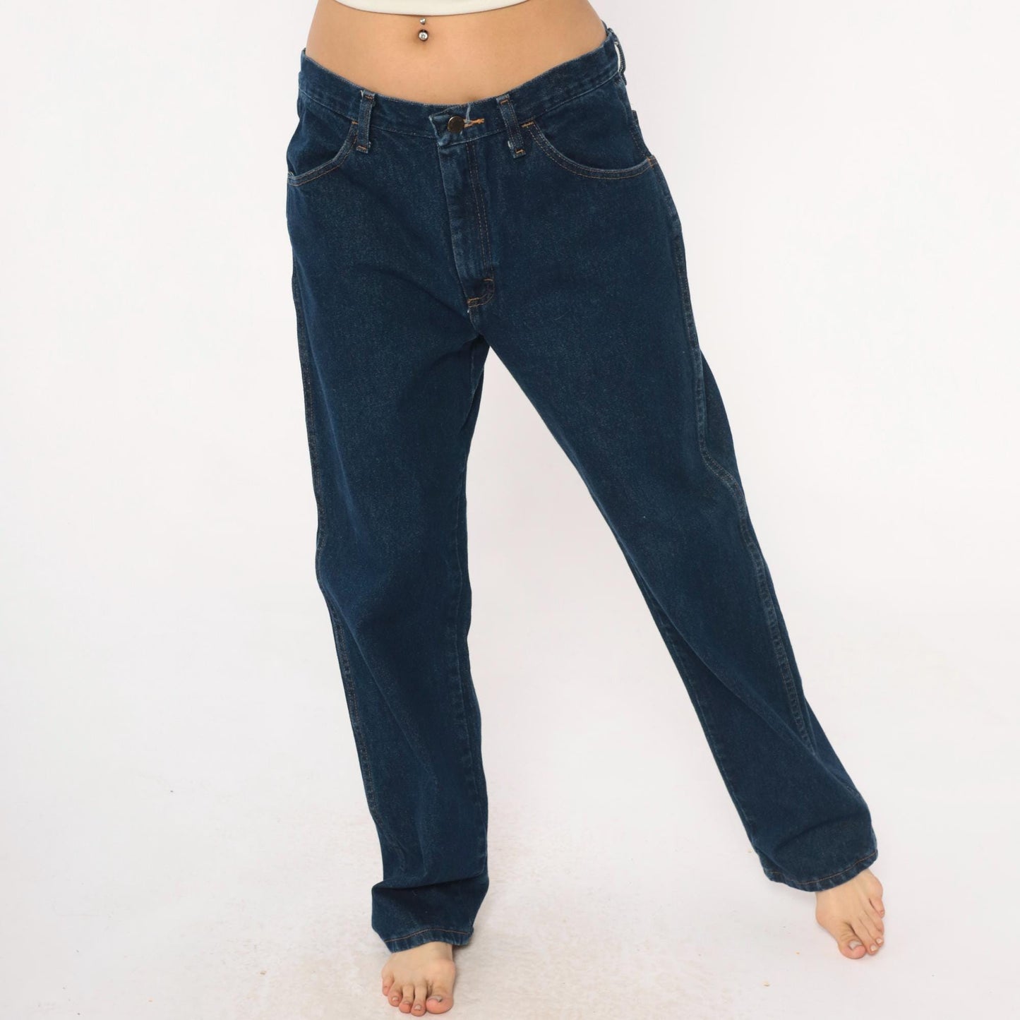 90s Rustler Dark Denim High Rise Straight Leg Jeans Navy Blue 34W