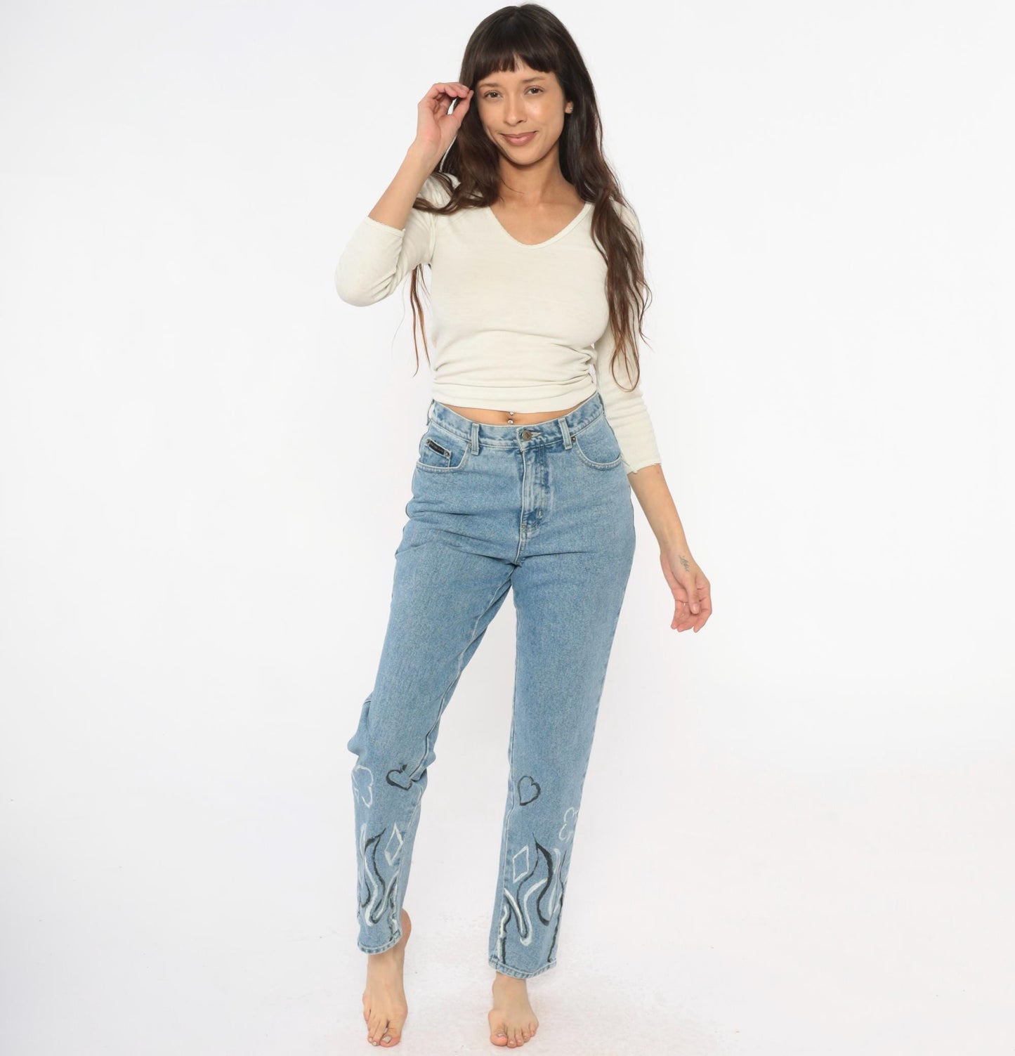 Y2K Light Wash Flame Painted Jeans High Waisted Straight Leg Size 6