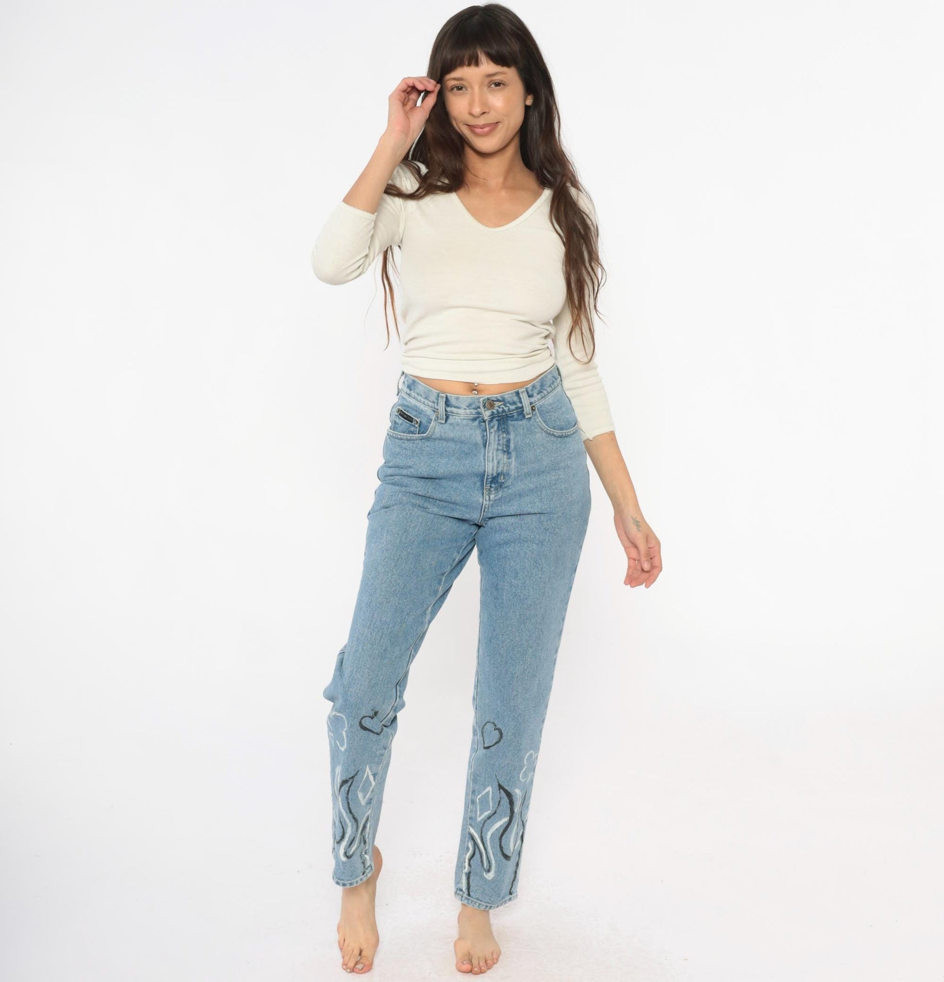 Y2K Light Wash Flame Painted Jeans High Waisted Straight Leg Size 6