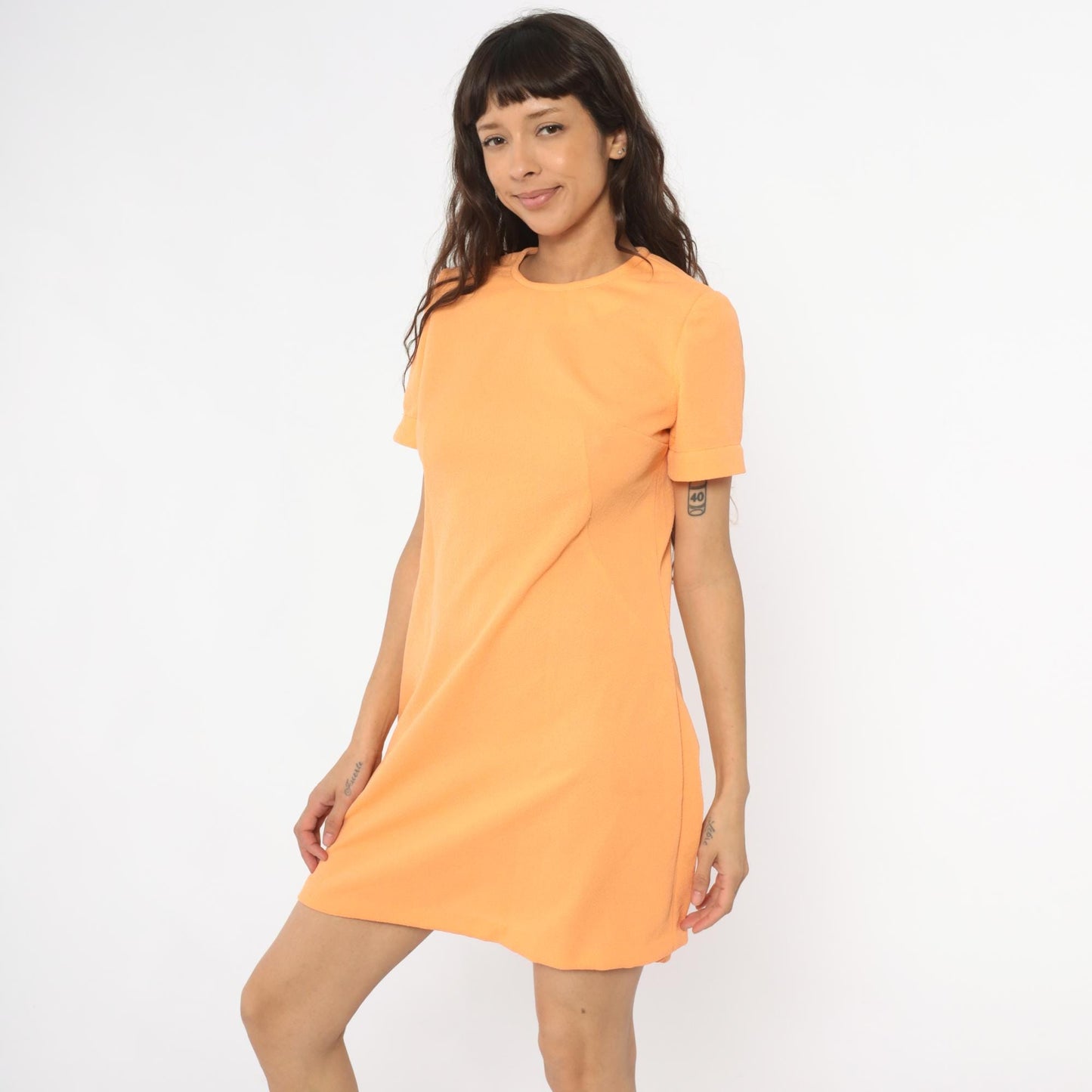70s Peach Shift Dress A-Line Crew Neck Short Sleeve Knee Length Medium