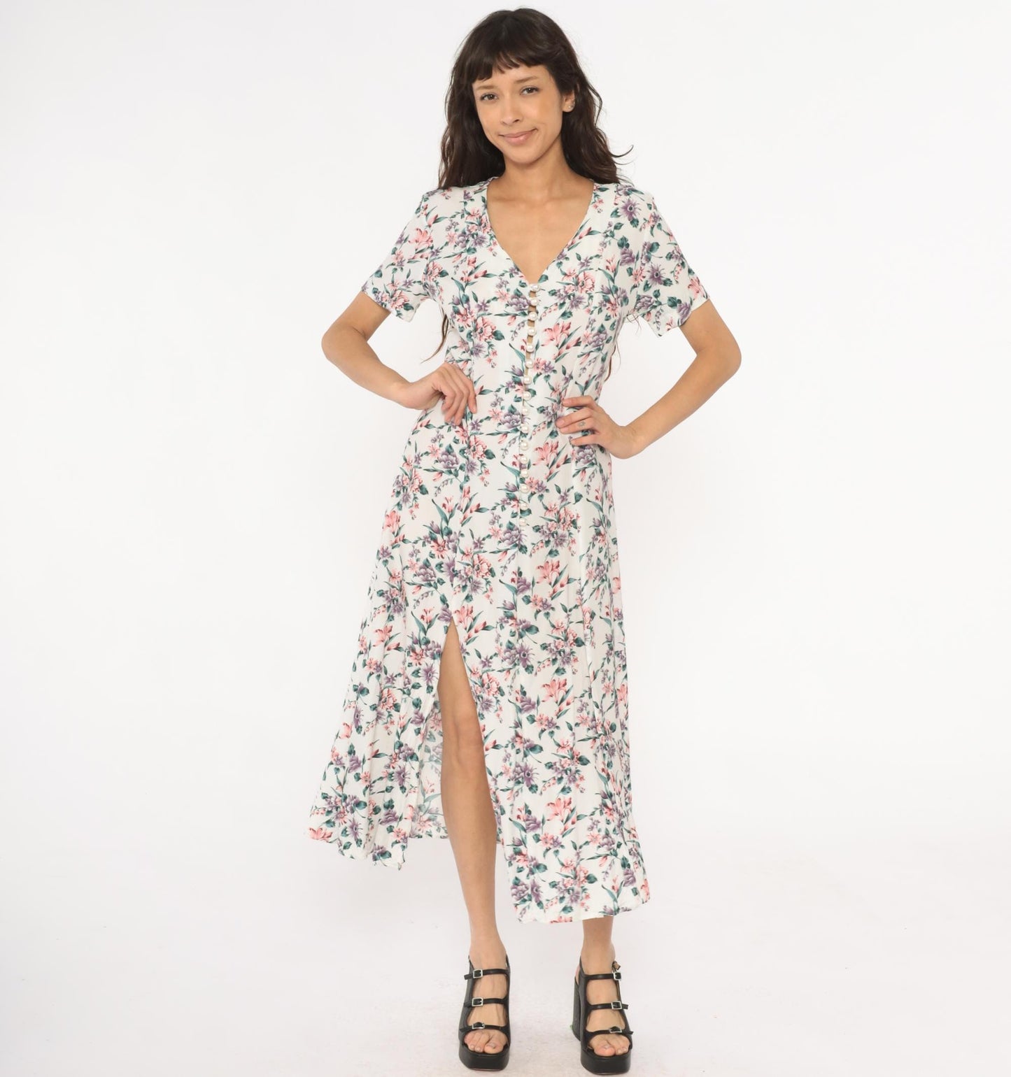 90s Floral Midi Dress Cream Rayon V-Neck Short Sleeve Front Slit Small