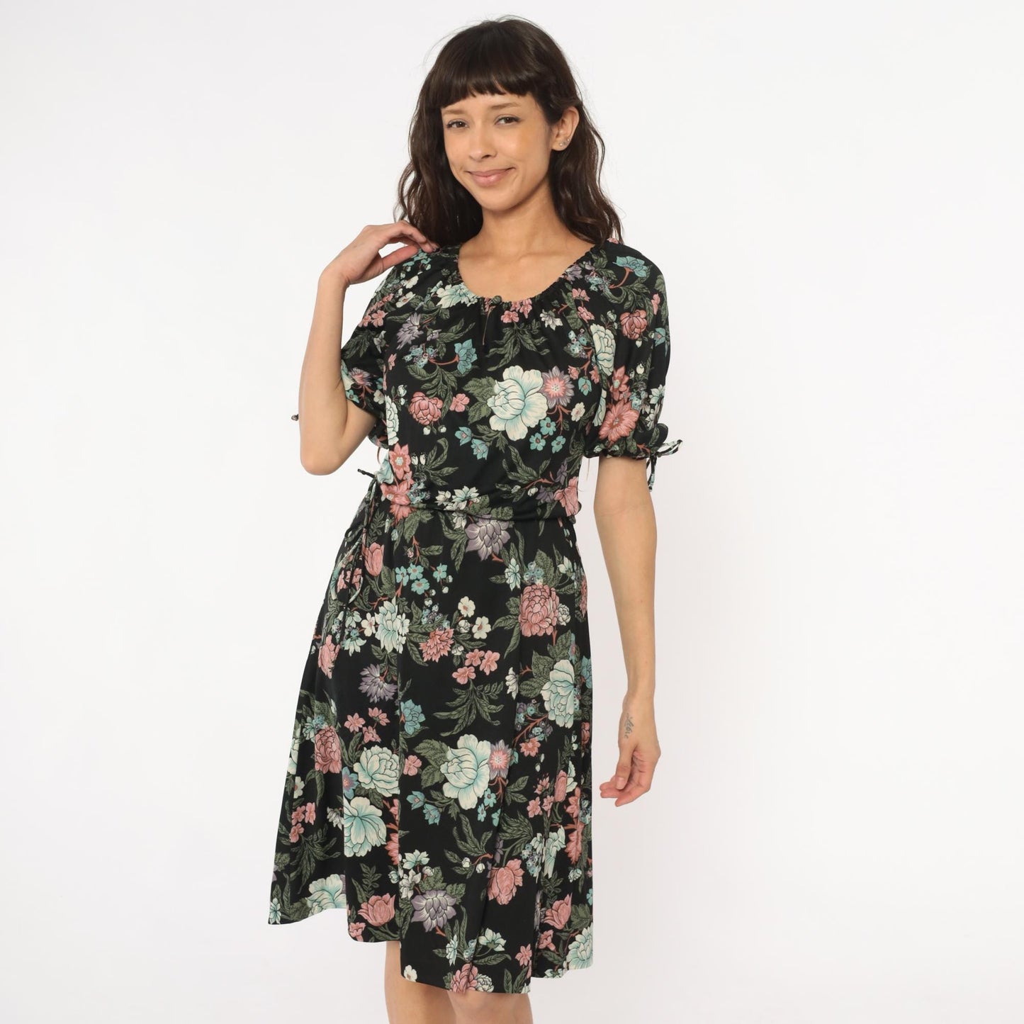 70s Black Floral Midi Dress Mint Pink Coral Tie Sleeve Small