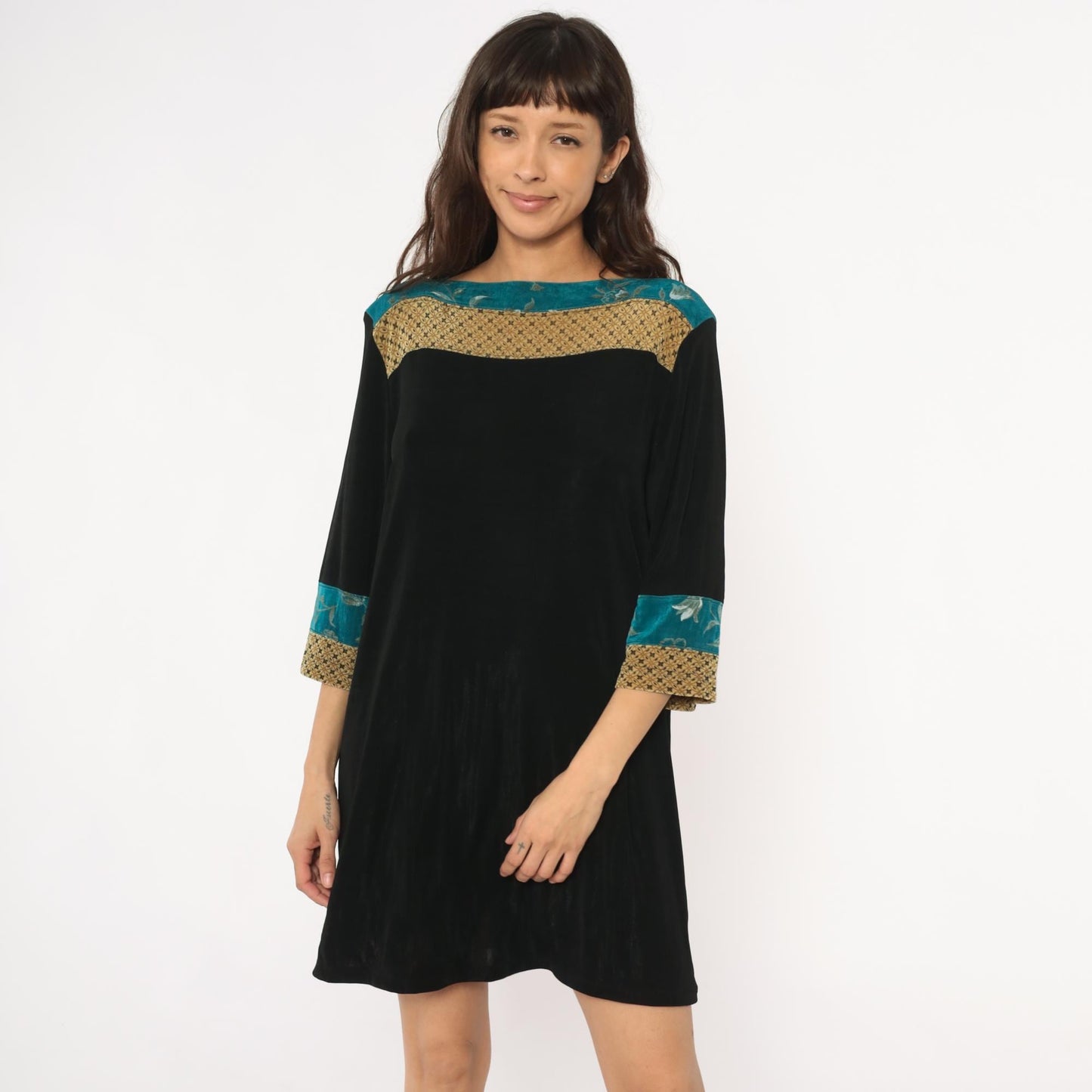 90s Vikki Vi Mini Dress Black Teal Floral Gold Colorblock Large L