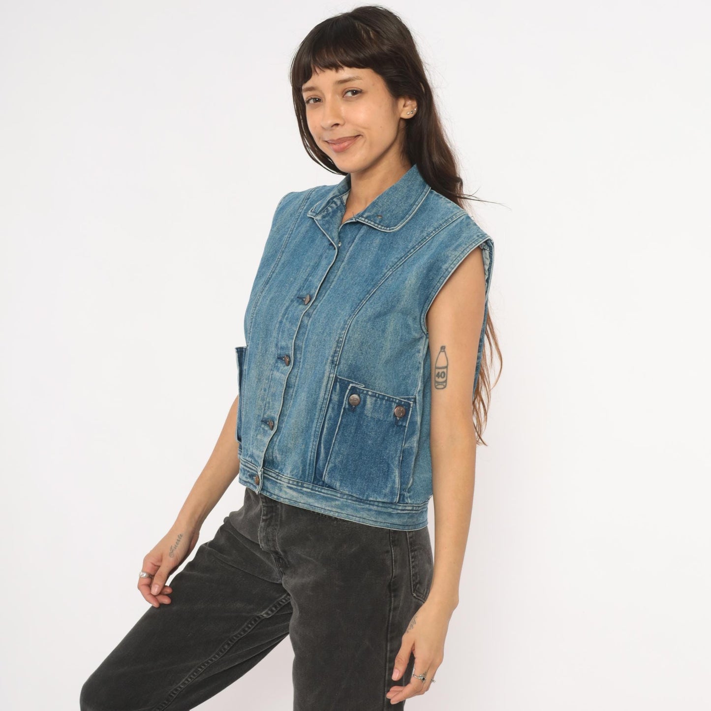 80s Mais Oui Denim Vest Pointed Collar Crop Blue Medium M