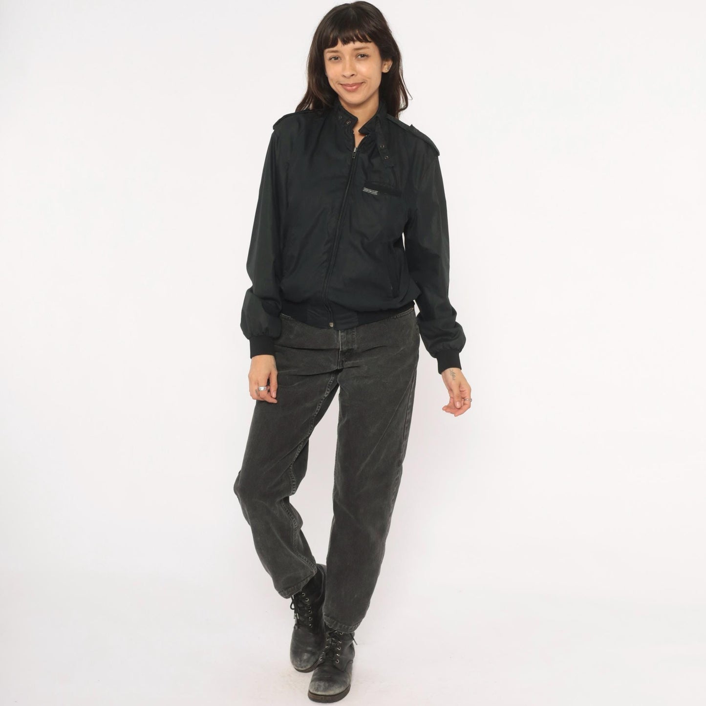 80s Hampton Country Club Black Bomber Jacket Snap Collar Epaulette Extra Small XS