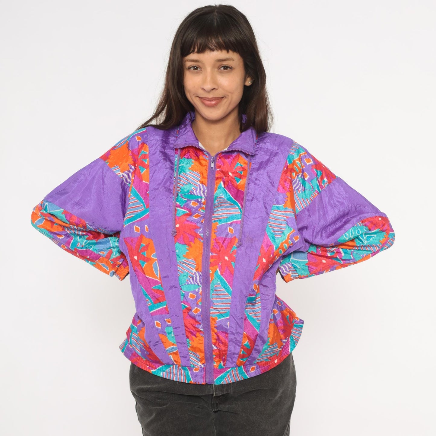 90s Aviat Sportif Windbreaker Purple Geometric Floral Print Small