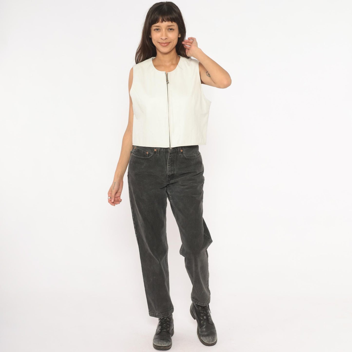 90s Sigrid Olsen White Leather Vest Zip Front Cropped Scoop Neck Medium M