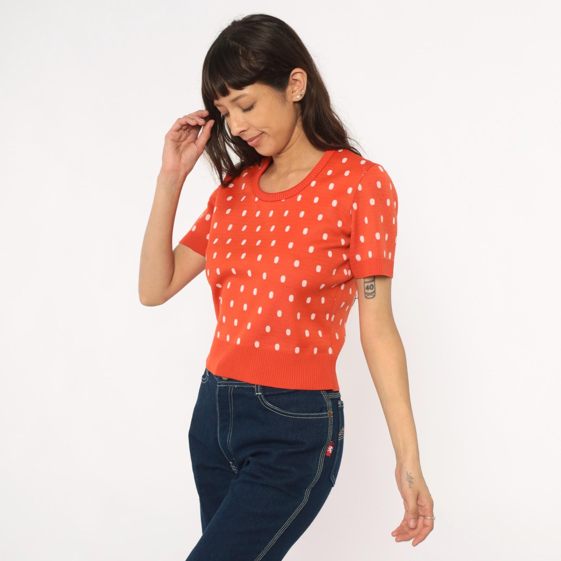 70s Coral Polka Dot Sweater Top Short Sleeve Cropped Knit Zip Back Medium