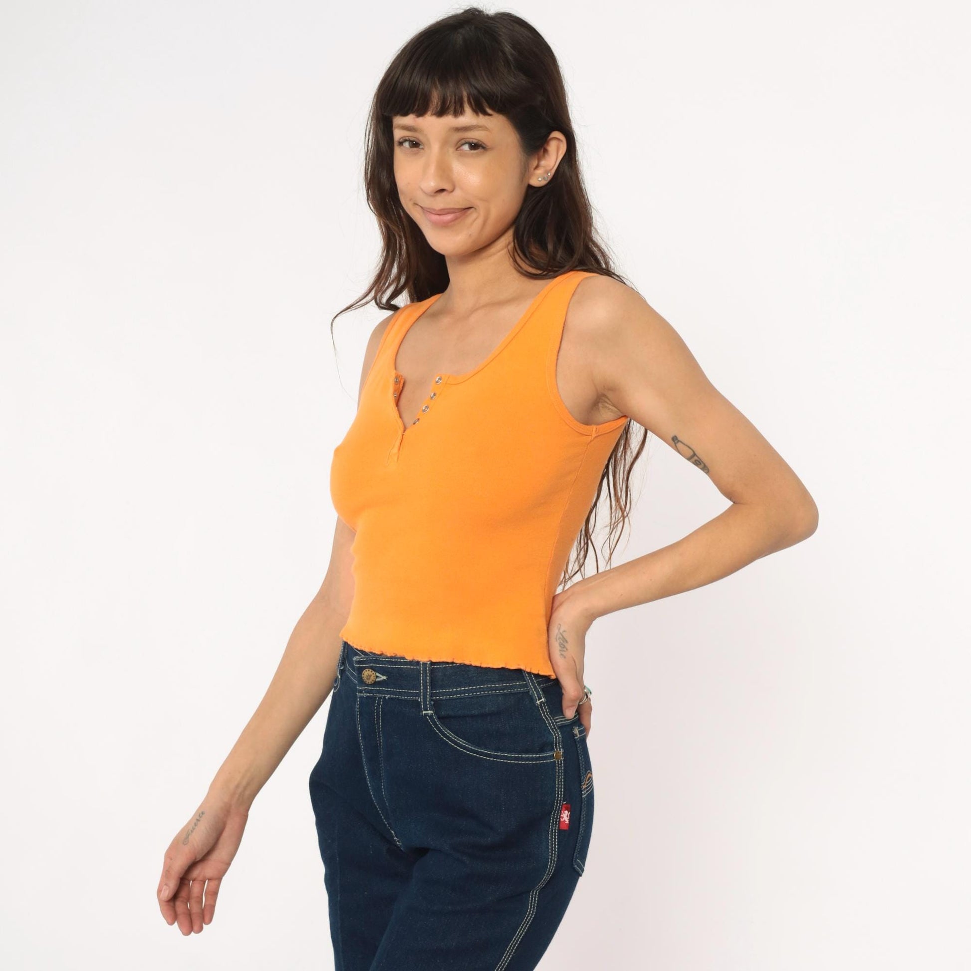 Y2K Orange Ribbed Crop Tank Top Button Front Lettuce Edge Medium M