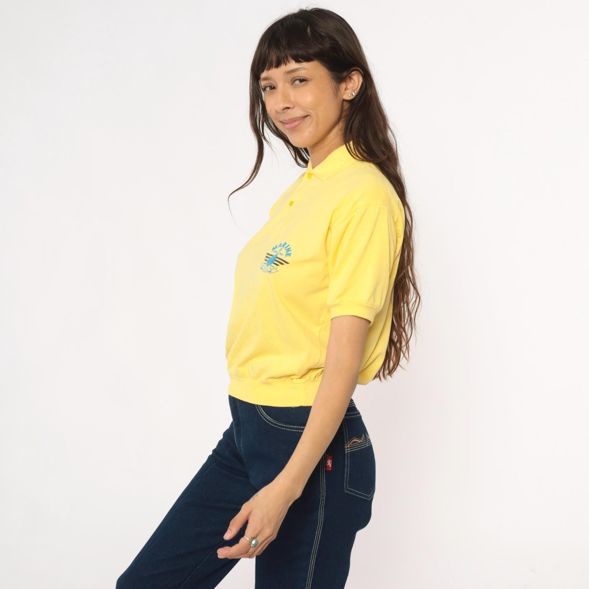 80s Yellow Polo Shirt Marine Seafarer Sailboat Graphic Collared Medium