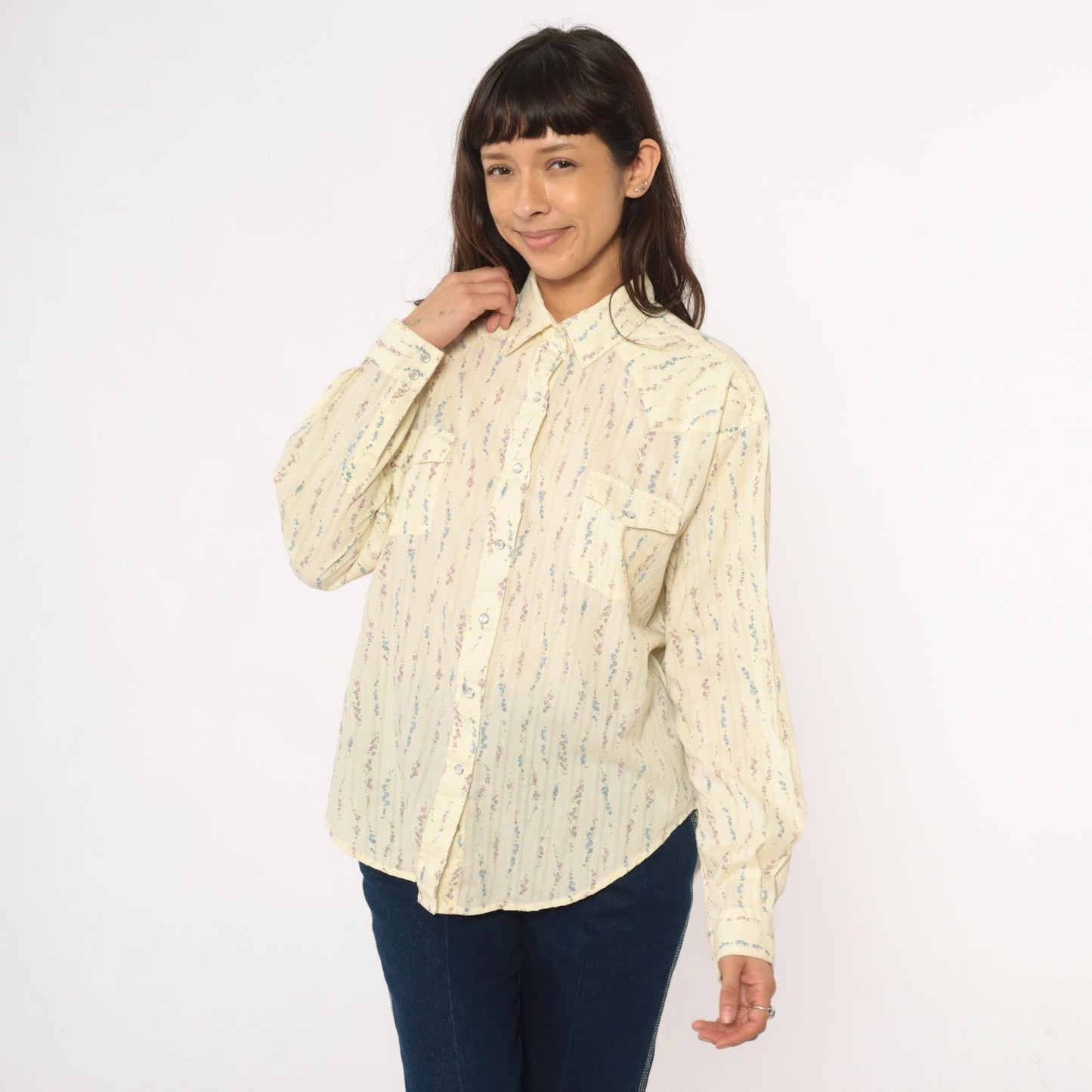 Y2K White Horse Western Shirt Pearl Snap Floral Stripe Cream Large L