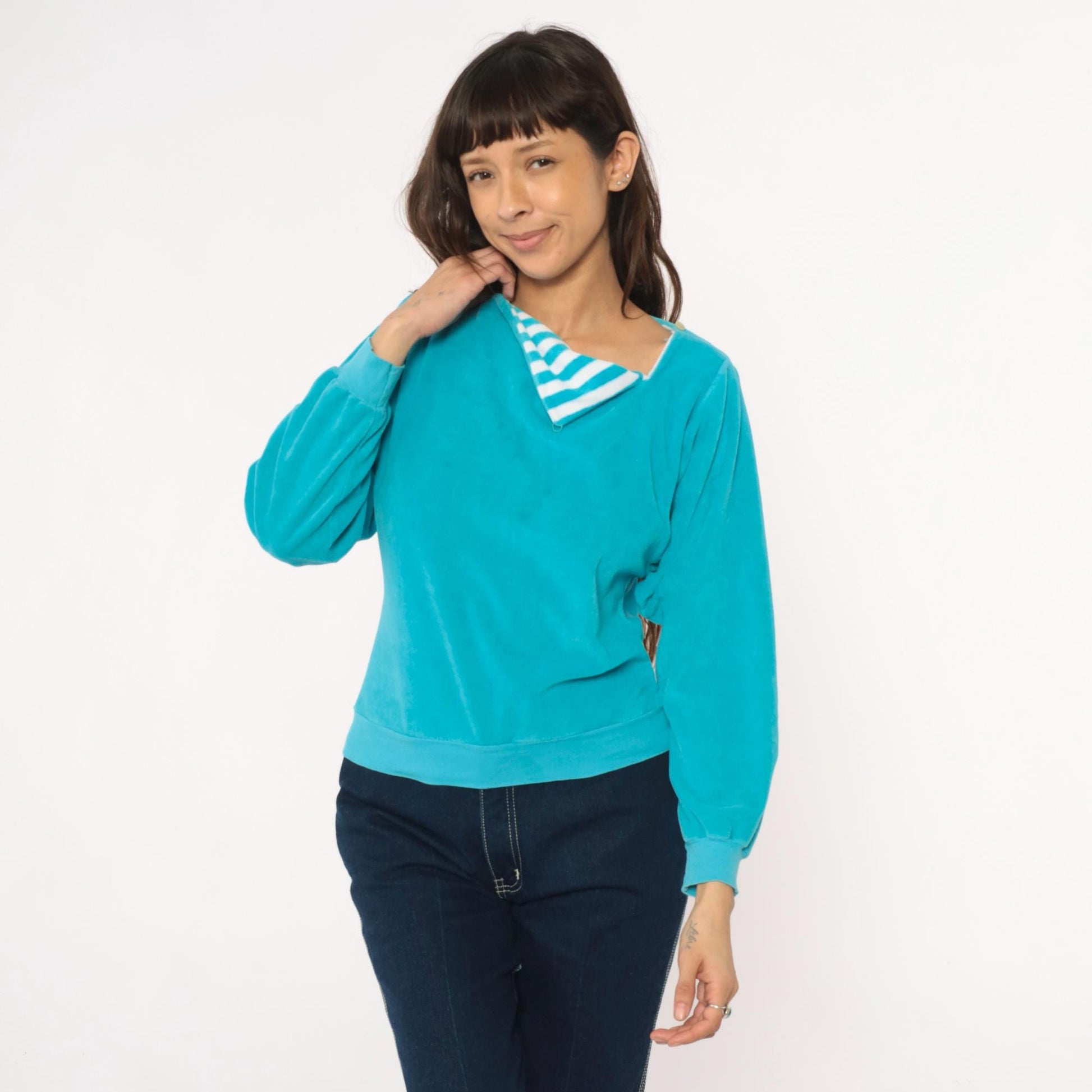 80s Terrycloth Sweatshirt Teal Asymmetrical Neck Striped Collar Pullover Small