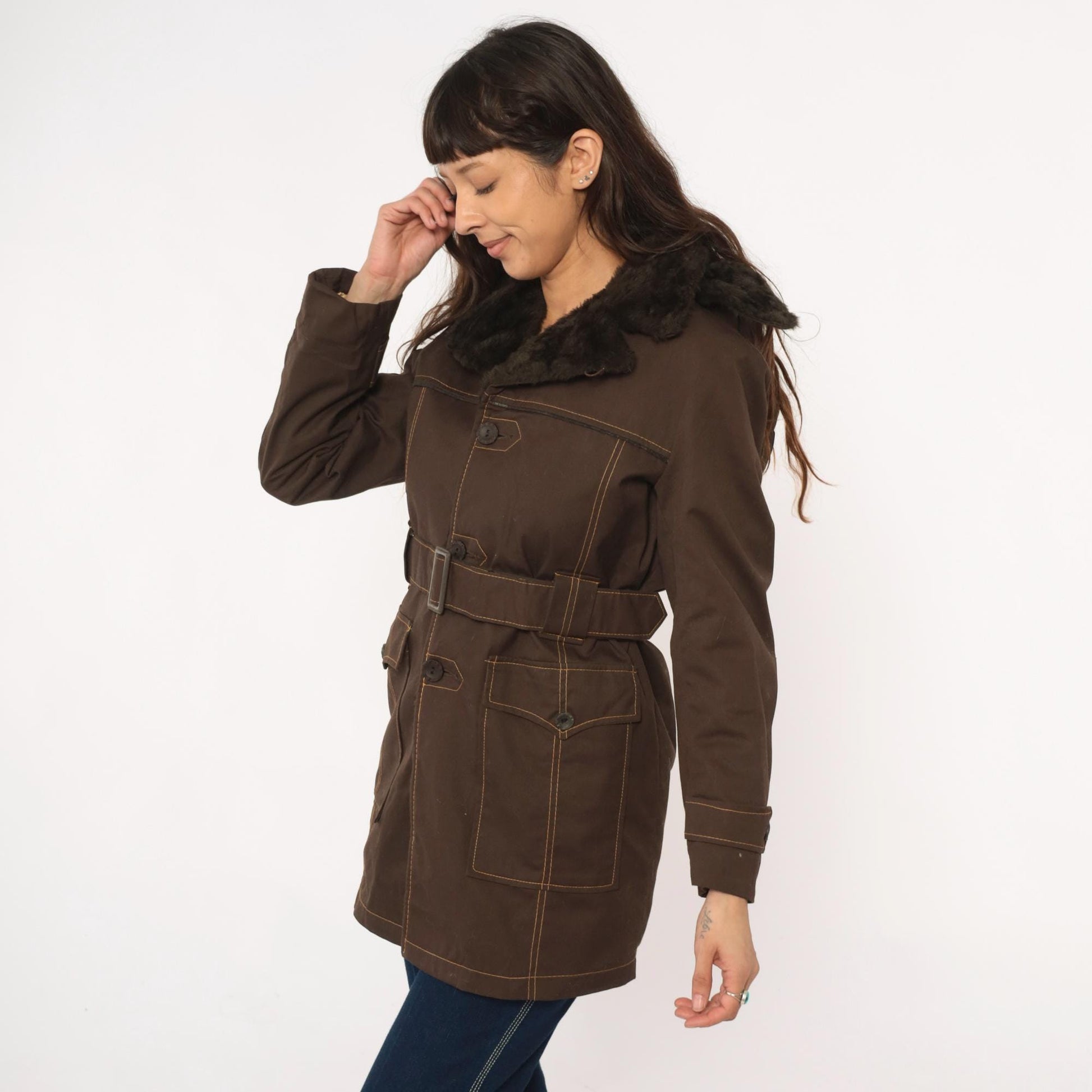 70s McGrégor Brown Parka Detachable Hood Faux Fur Collar Small