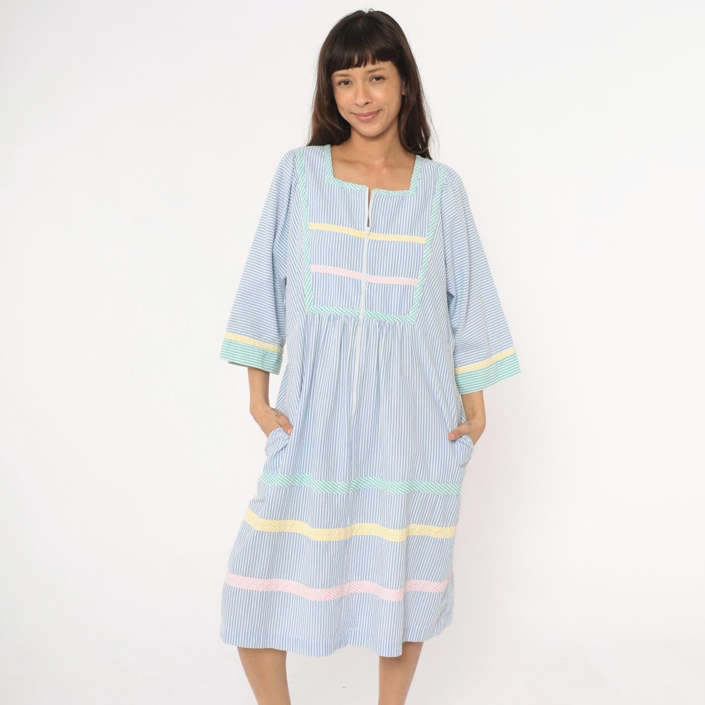 80s Saybury Seersucker Striped Dress Blue White Rickrack Trim Large