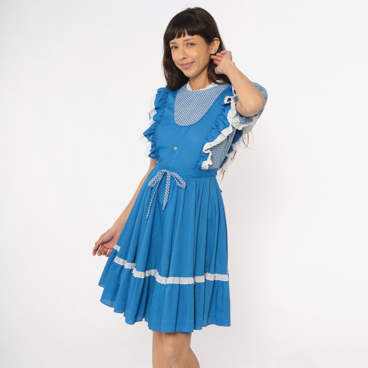 80s Jeri Bee Blue Gingham Pinafore Dress Eyelet Lace Puff Sleeve Small Medium