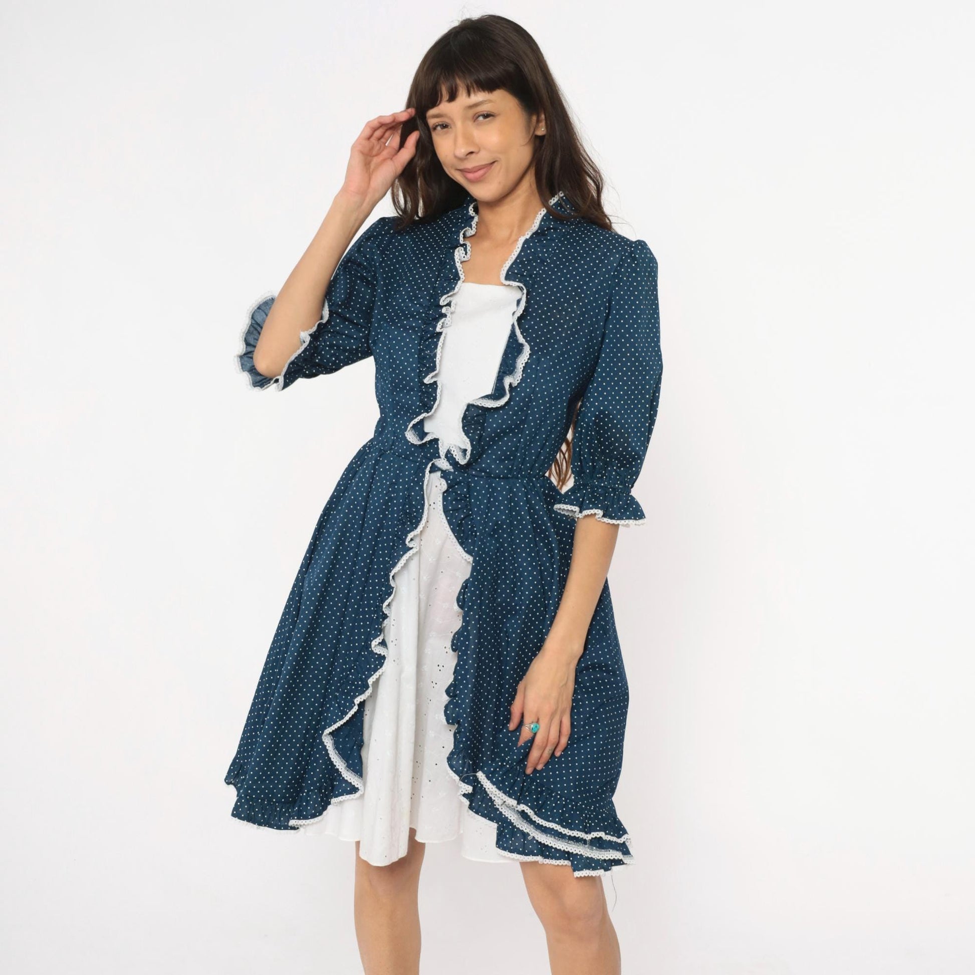 80s Navy Polka Dot Square Dance Dress White Eyelet Ruffle Cotton Small