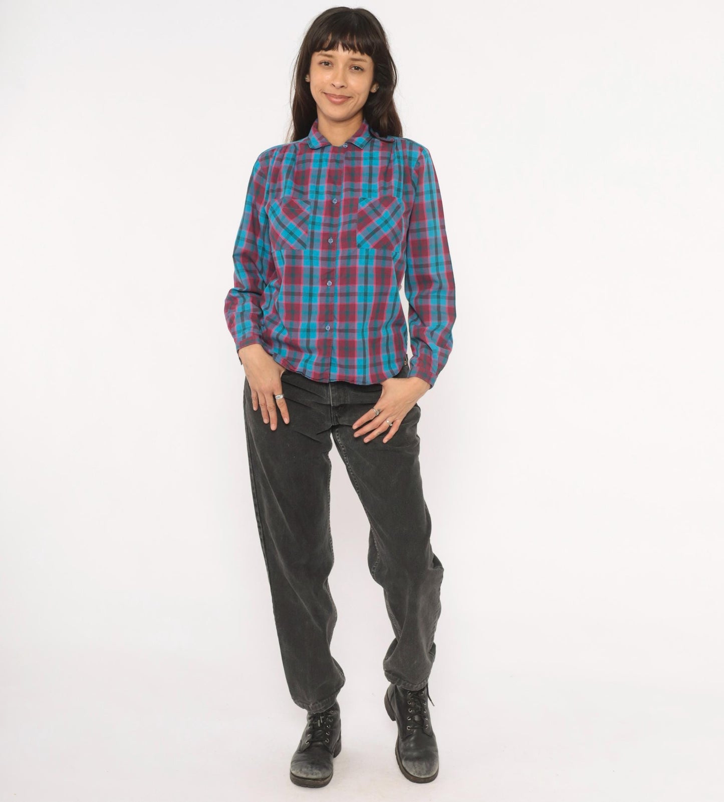 80s Quality Fashion Plaid Button-Up Blouse Teal Magenta Check Pointed Collar Large L