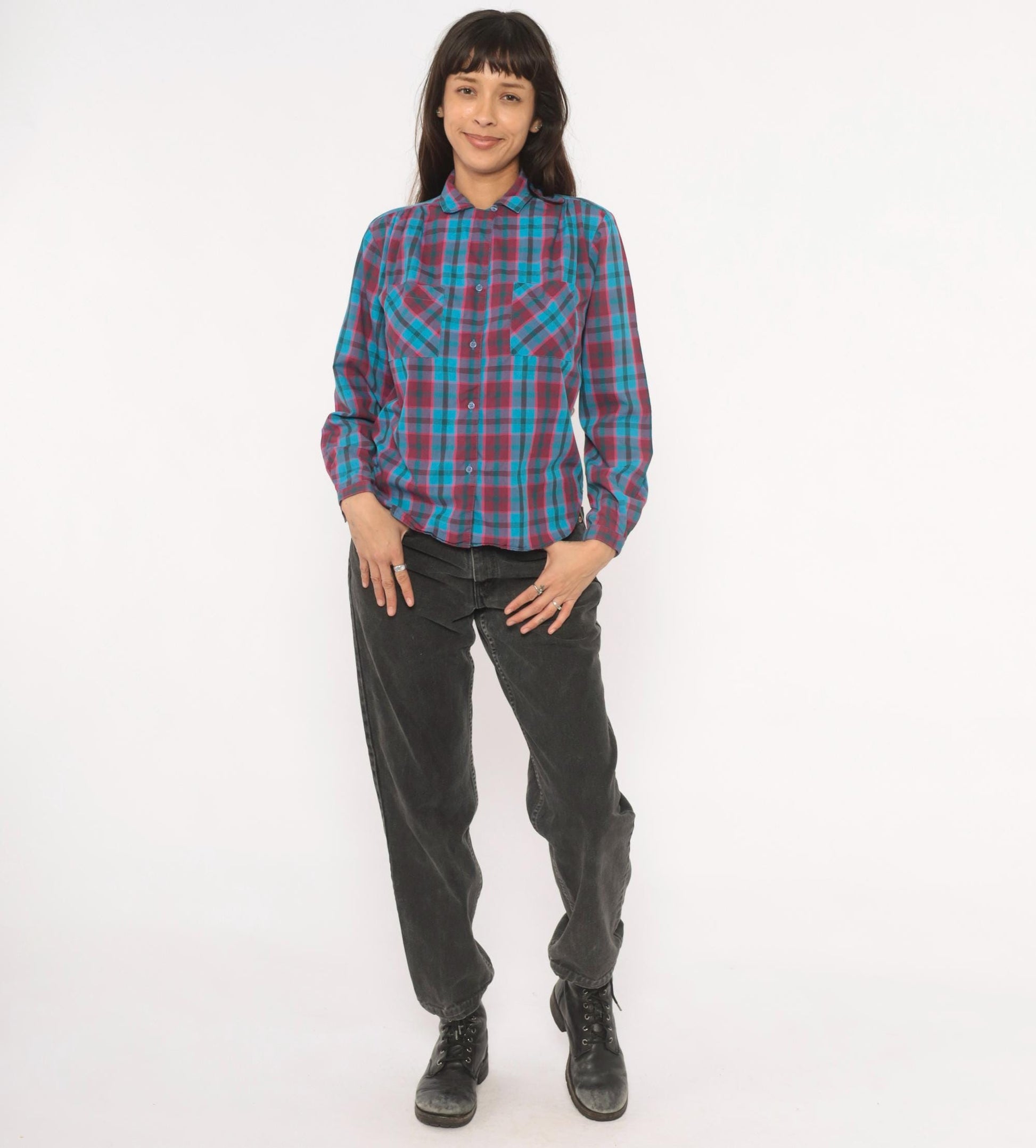 80s Quality Fashion Plaid Button-Up Blouse Teal Magenta Check Pointed Collar Large L