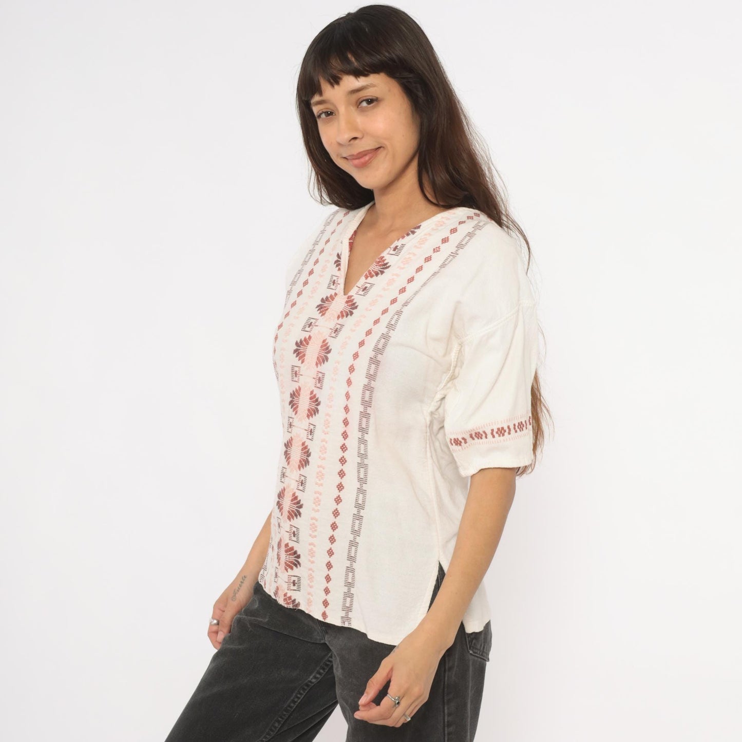 90s Cream Embroidered Blouse Cotton V-Neck Puff Sleeve Pullover Small S