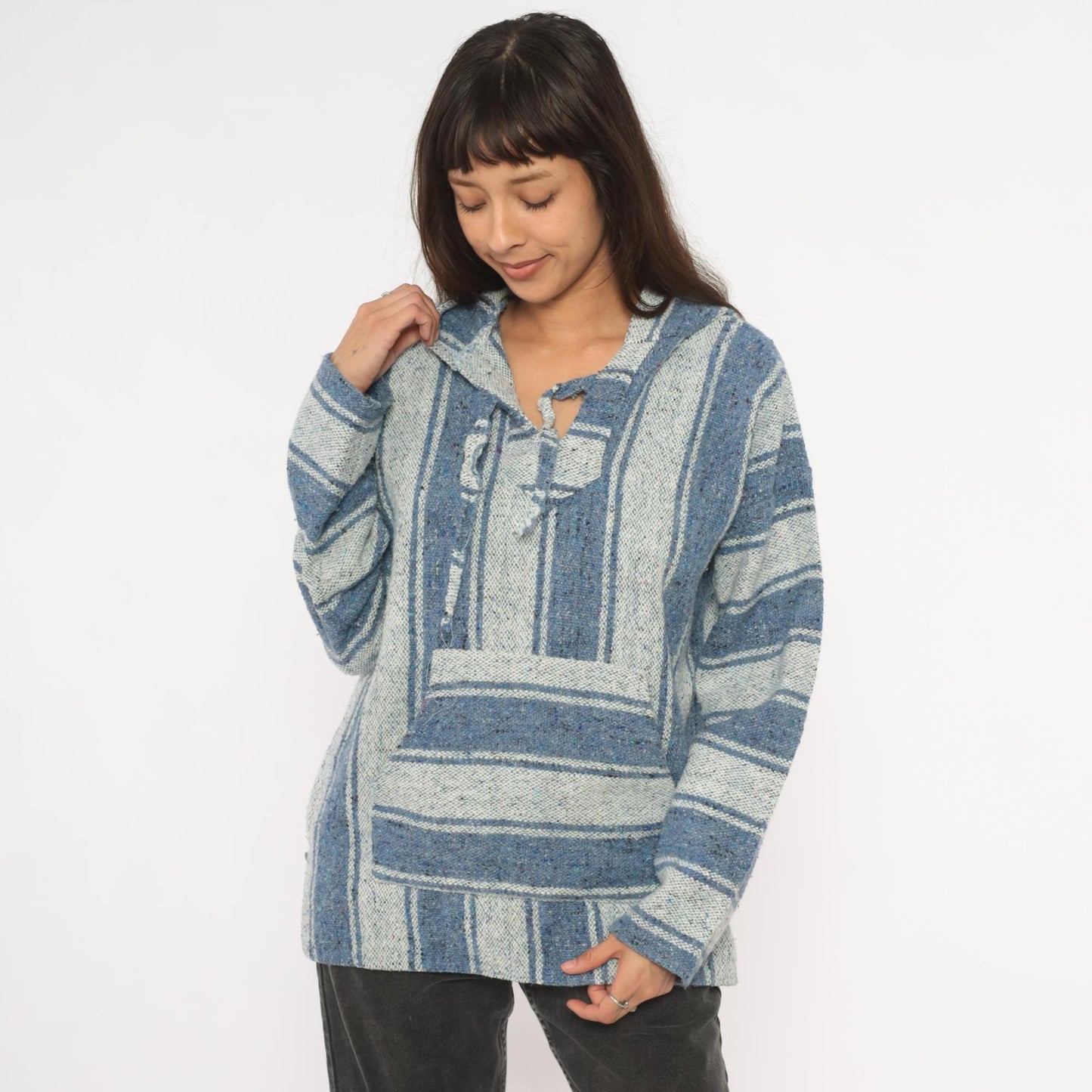 2000s Yarina Threads Blue Striped Baja Hoodie Woven Pullover Medium M