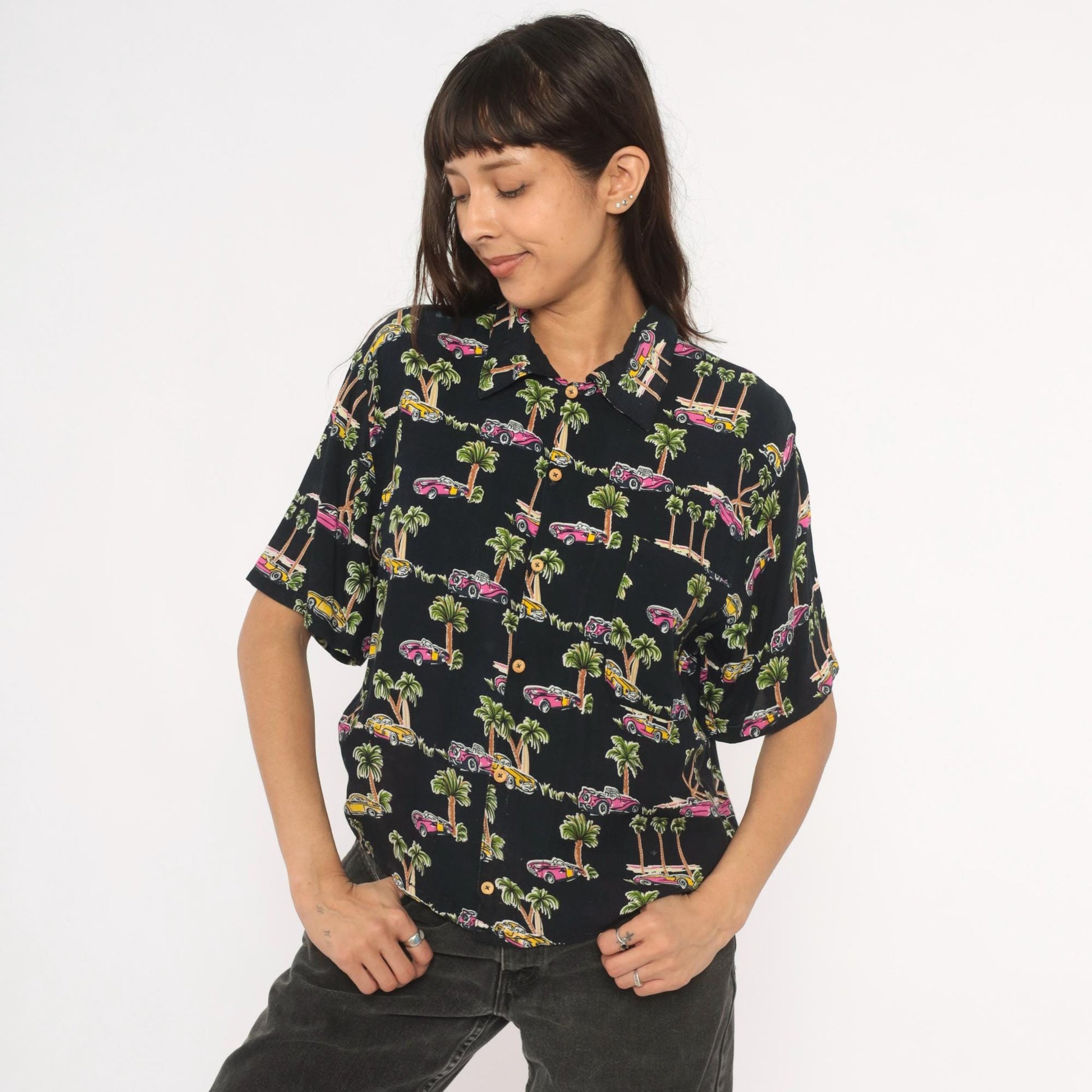 90s Classic Cars Hawaiian Shirt Black Pink Yellow Palm Tree Camp Collar XS