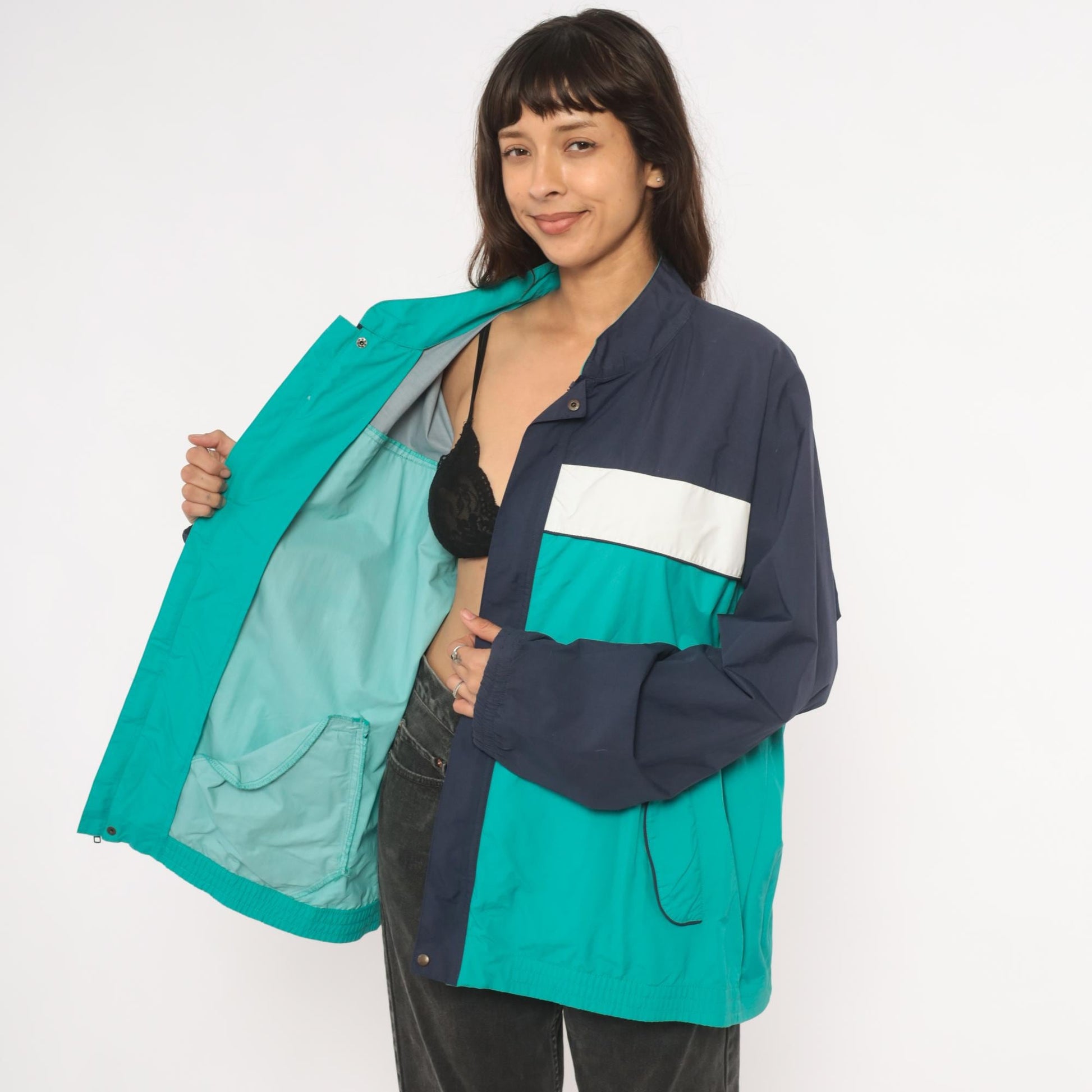 90s Tourney Colorblock Windbreaker Teal Navy White Snap Jacket Extra Large XL