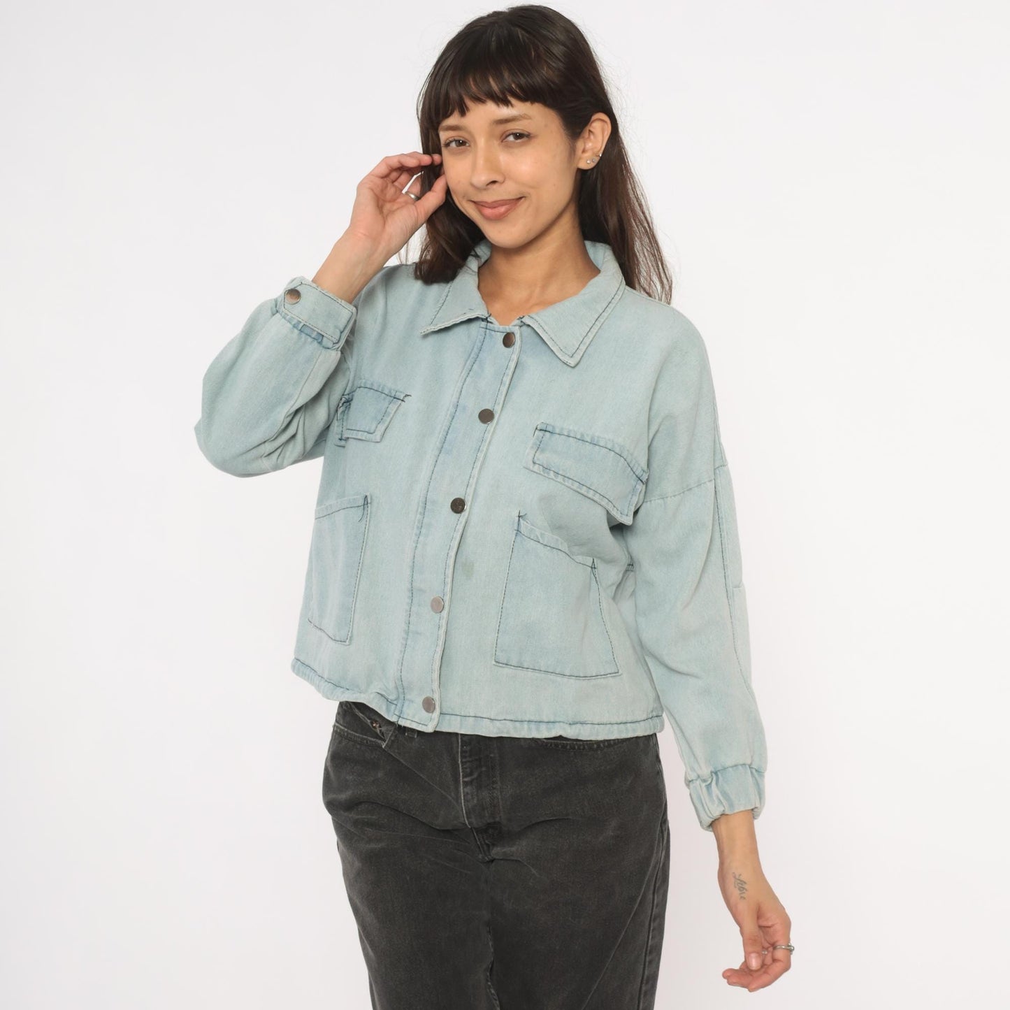 2000s Wang Luo Niu Za Light Wash Denim Crop Jacket Powder Blue Small S