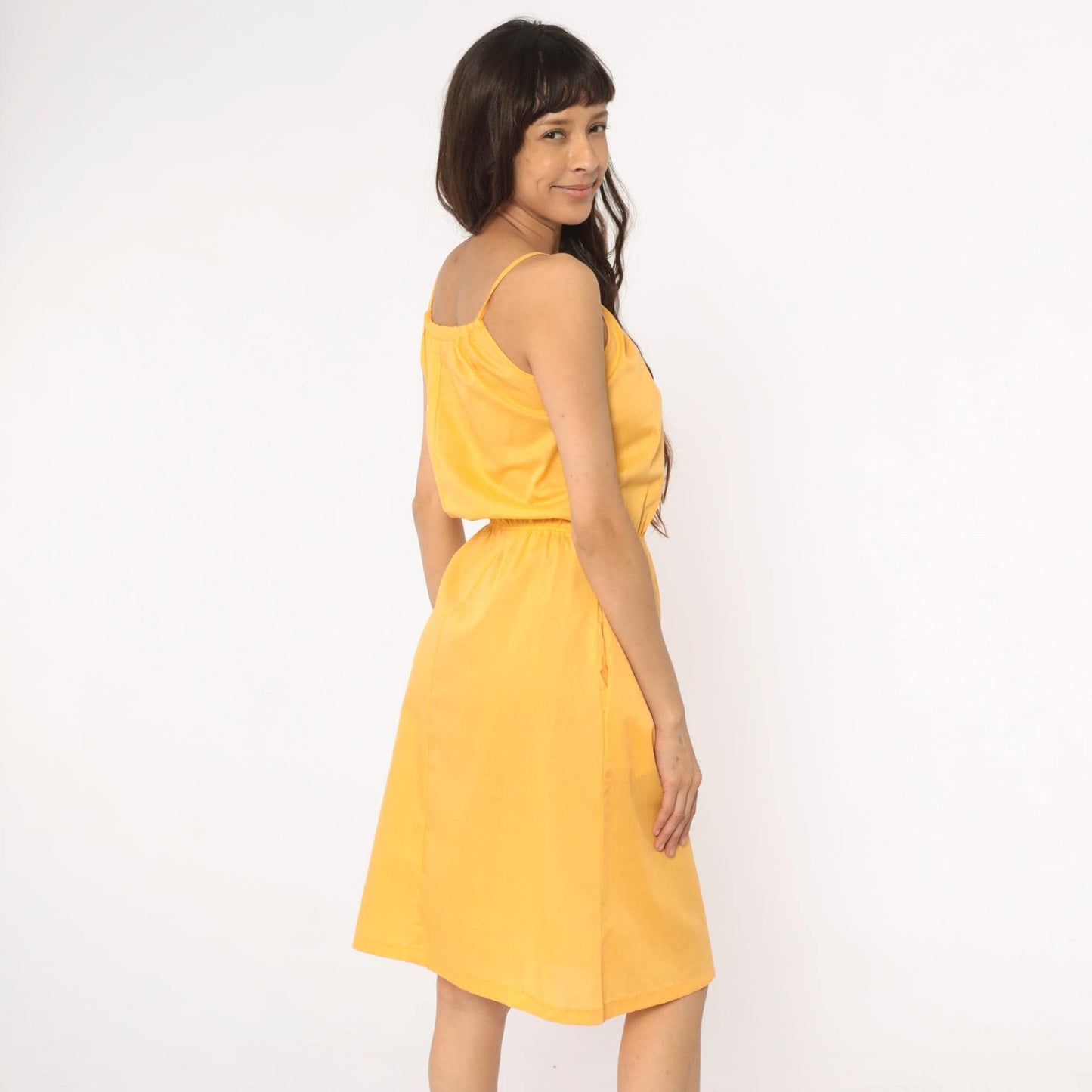 70s Yellow Spaghetti Strap Sundress Tie Neck Knee-Length Small Medium