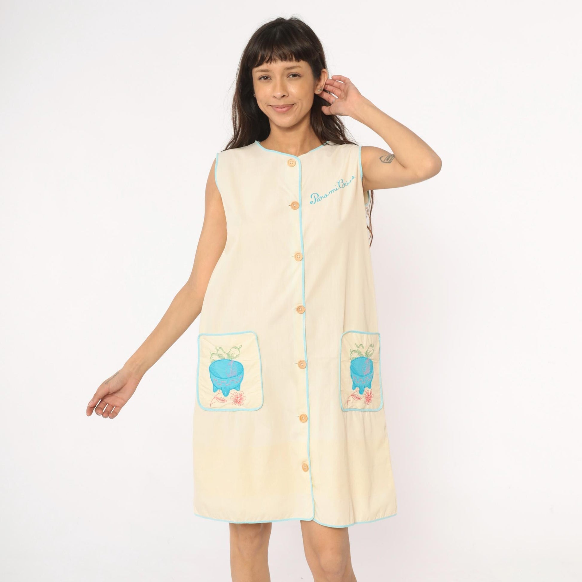 80s Yellow Cotton House Dress Para Mi Cocina Embroidered Molcajete Medium