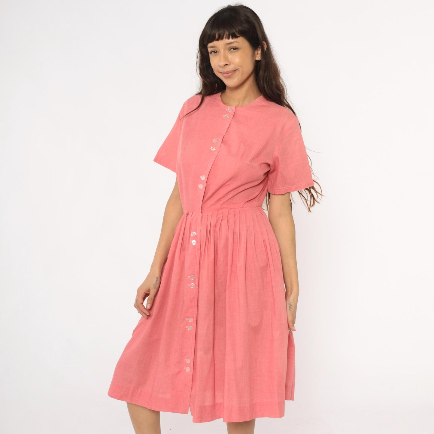 70s Coral Pink Cotton Day Dress Button Front Gathered Skirt Pockets Medium Large