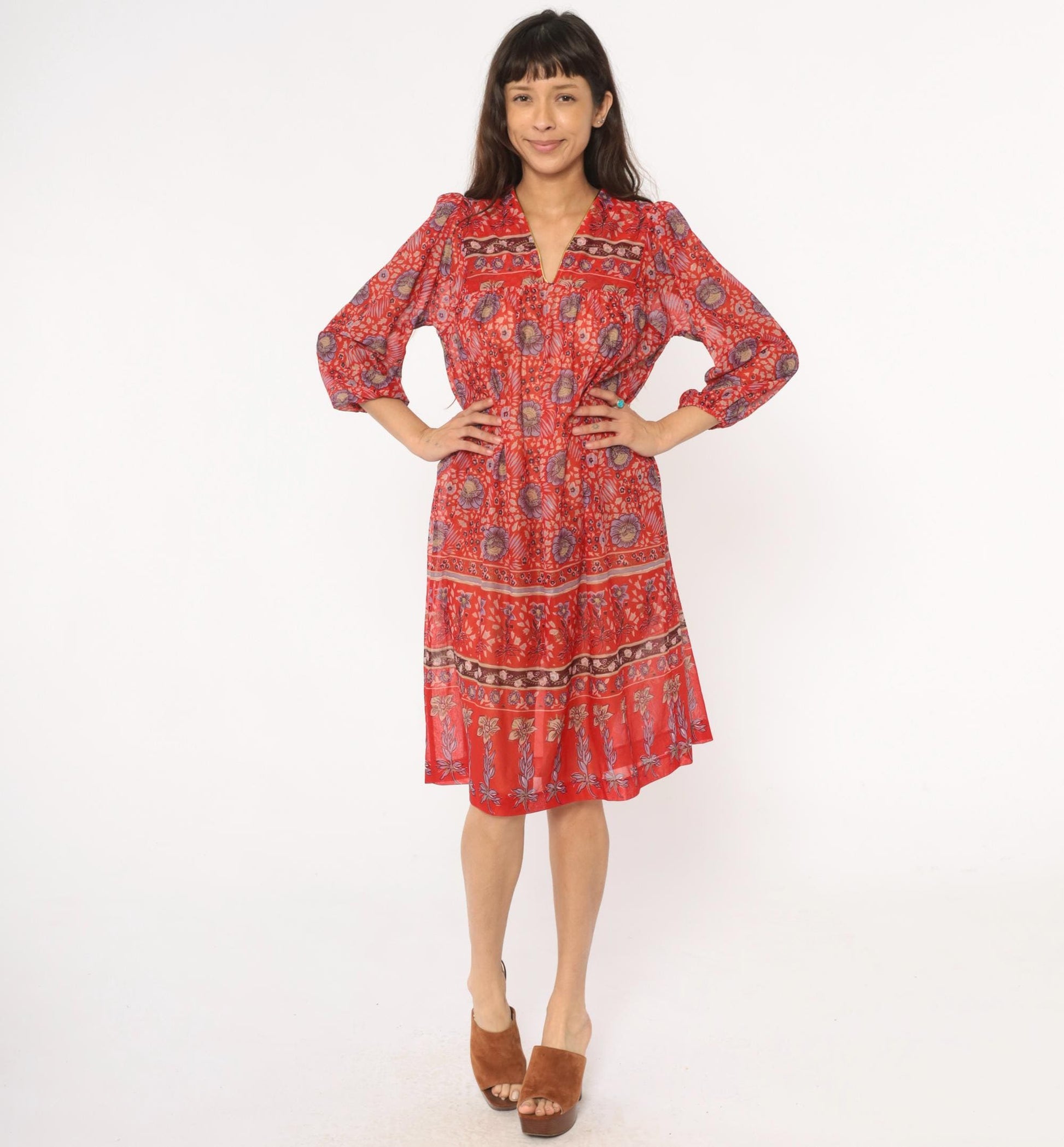 70s Floral Shift Dress Red Coral V-Neck Knee Length Three-Quarter Sleeve Medium Large