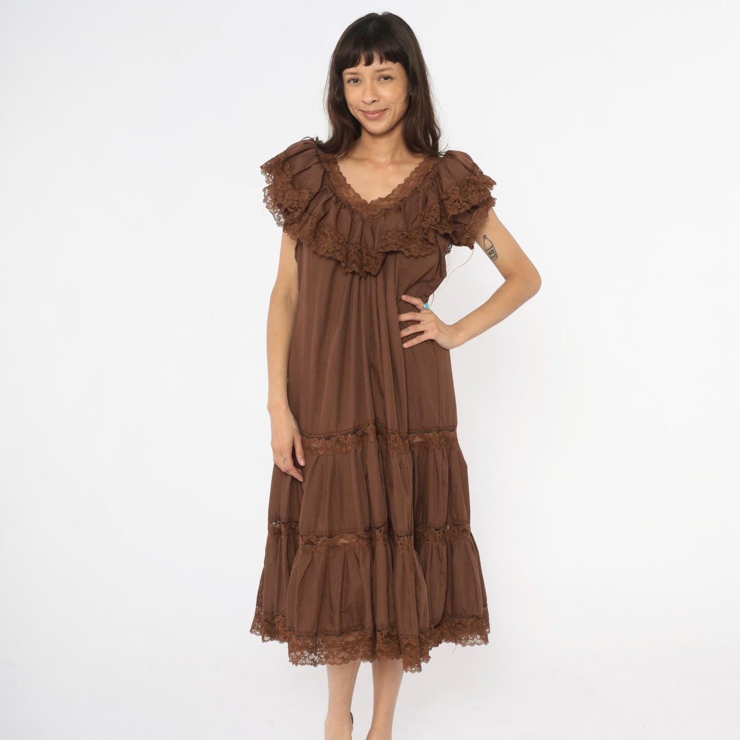 80s Brown Tiered Prairie Dress Lace Trim Cap Sleeve Midi Medium Large