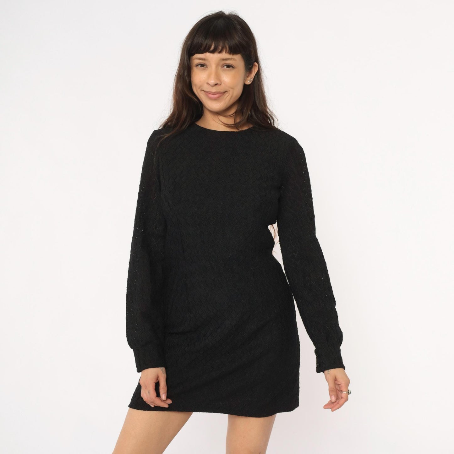 60s Black Mini Dress Diamond Quilted Long Sleeve Crew Neck Small