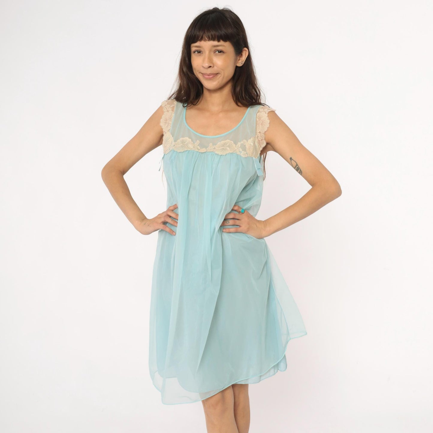 70s Aqua Babydoll Nightgown Sheer Lace Empire Waist Negligee Medium