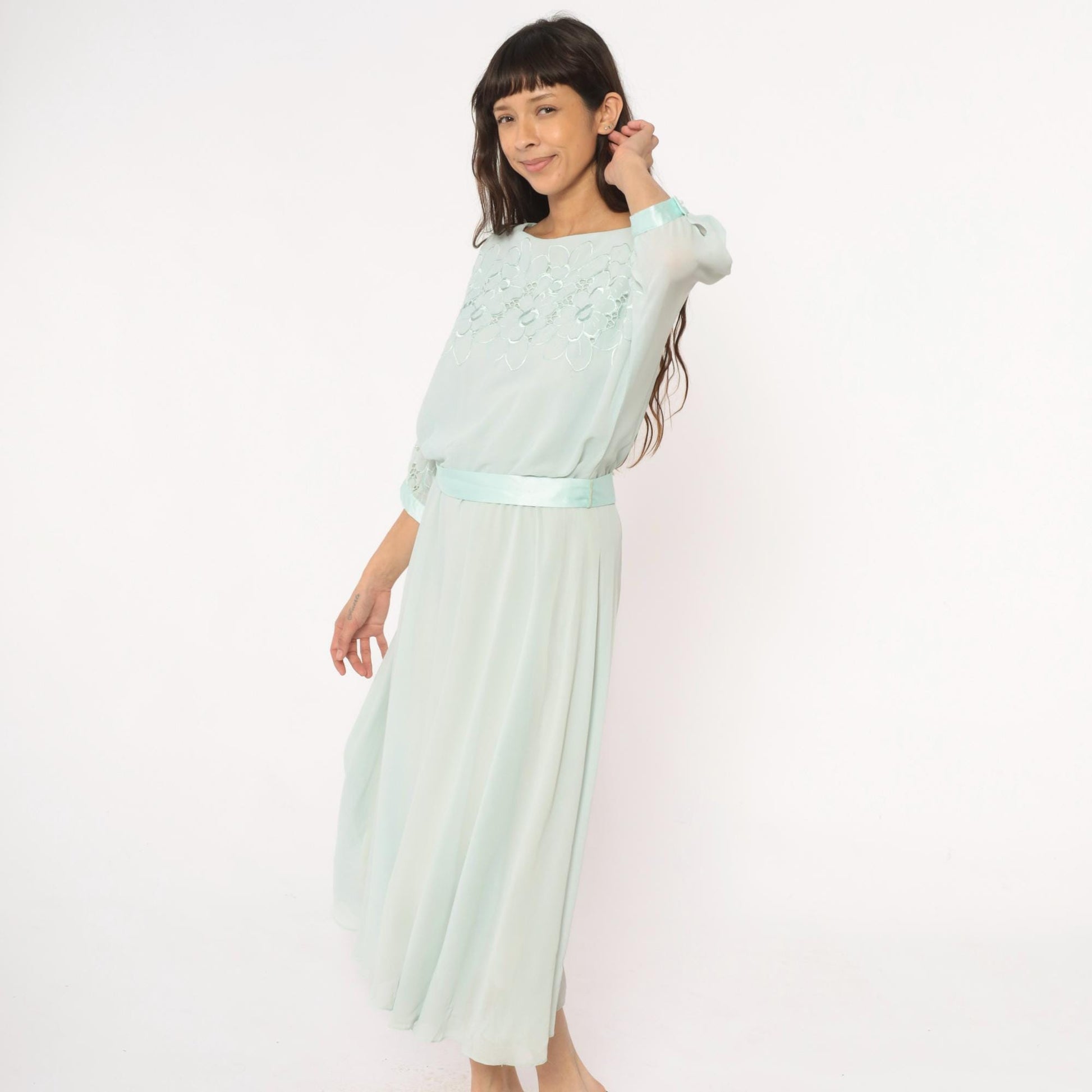 80s Ursula Mint Green Midi Dress Embroidered Floral Cutwork Sheer Large