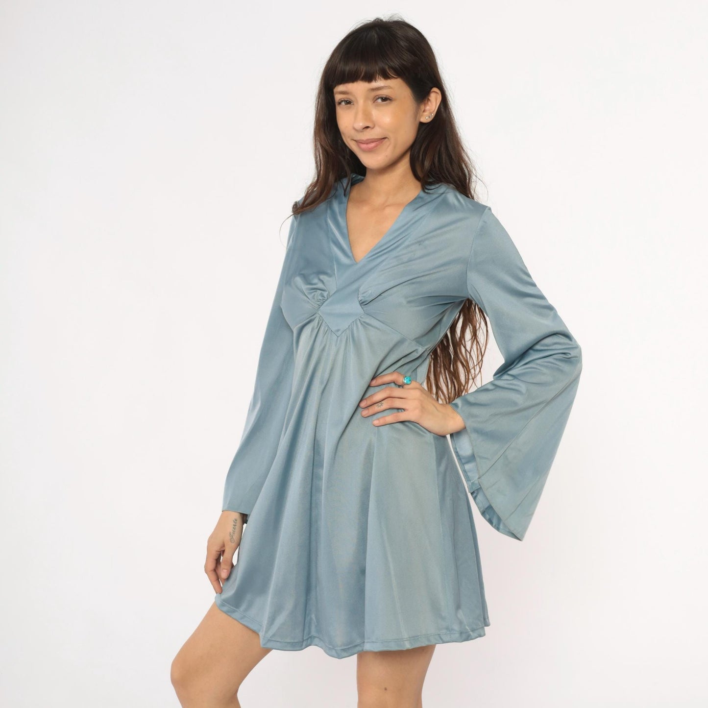 70s Powder Blue Mini Dress Bell Sleeve V Neck Empire Waist Medium M