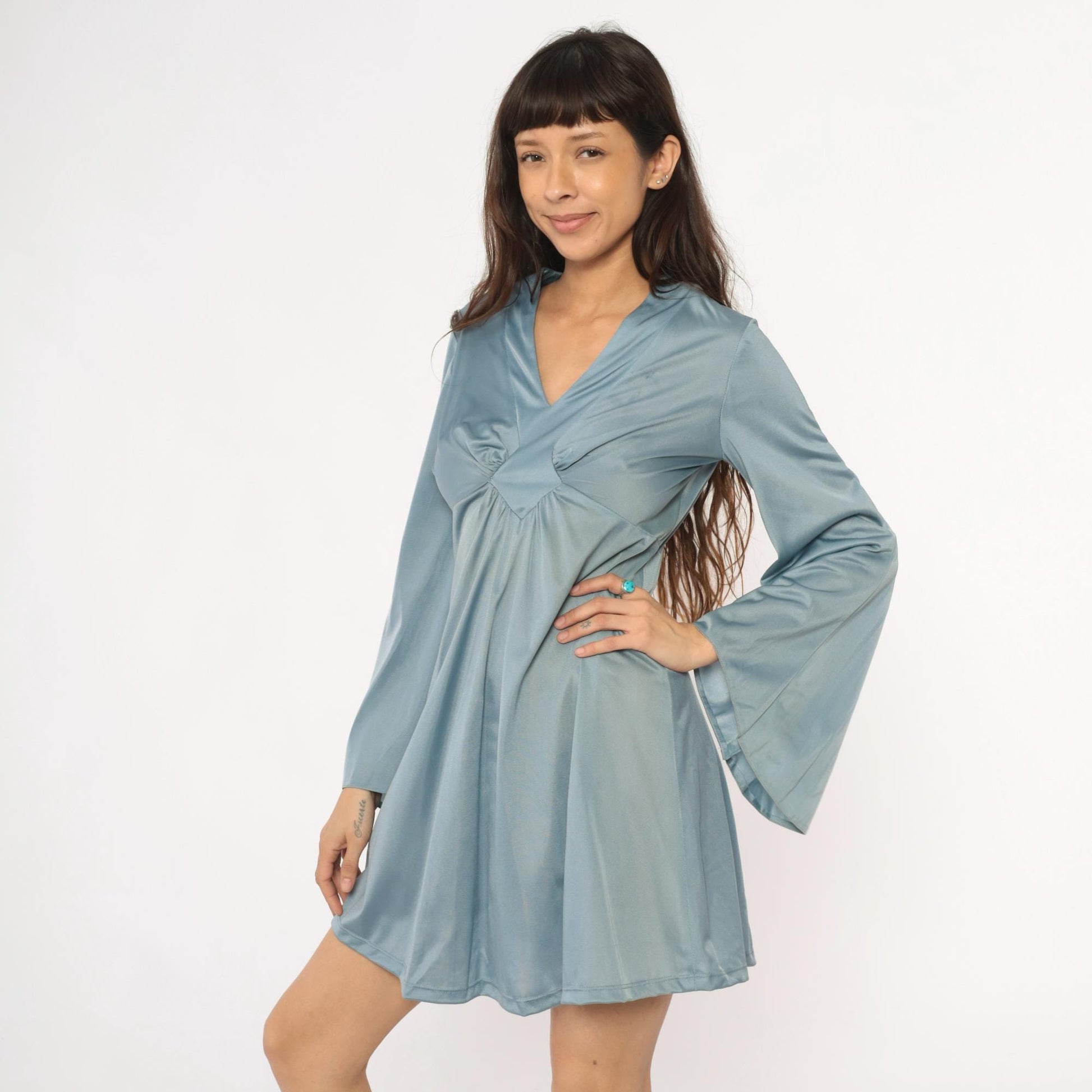 70s Powder Blue Mini Dress Bell Sleeve V Neck Empire Waist Medium M