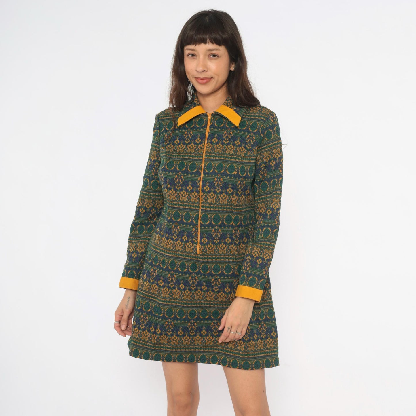 70s NPC Fashions Tapestry Mini Dress Forest Green Gold Jacquard Zip Collar Large L