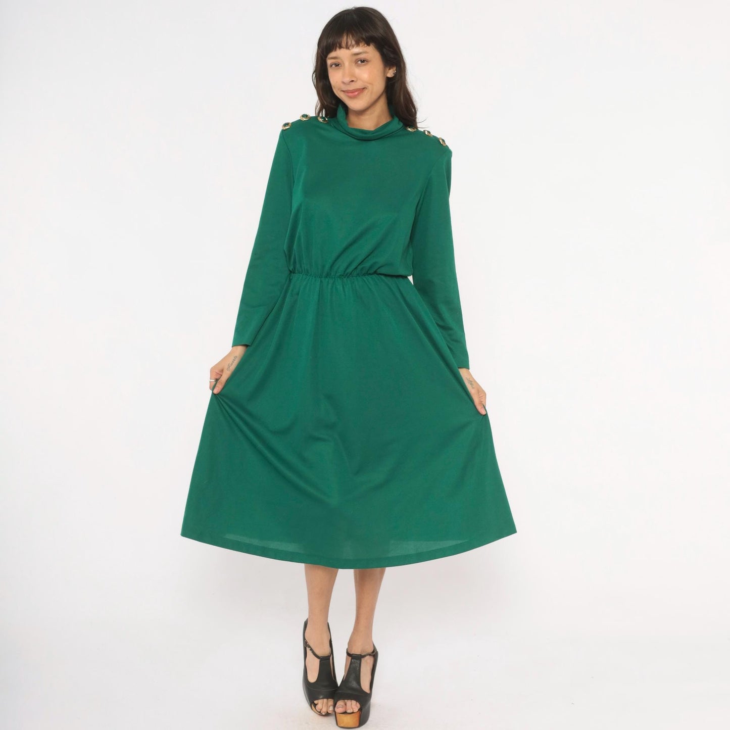 80s Impromptu Emerald Cowl Neck Midi Dress Gold Button Long Sleeve Large L