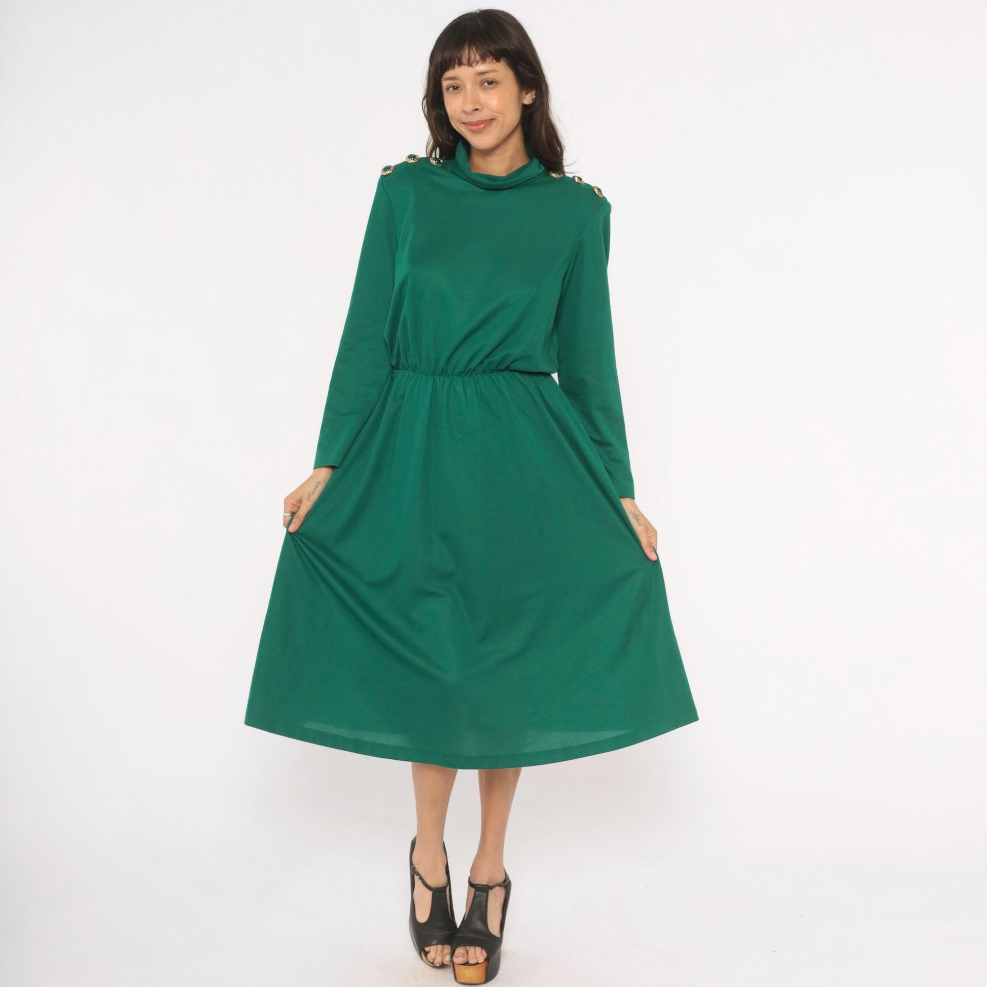 80s Impromptu Emerald Cowl Neck Midi Dress Gold Button Long Sleeve Large L
