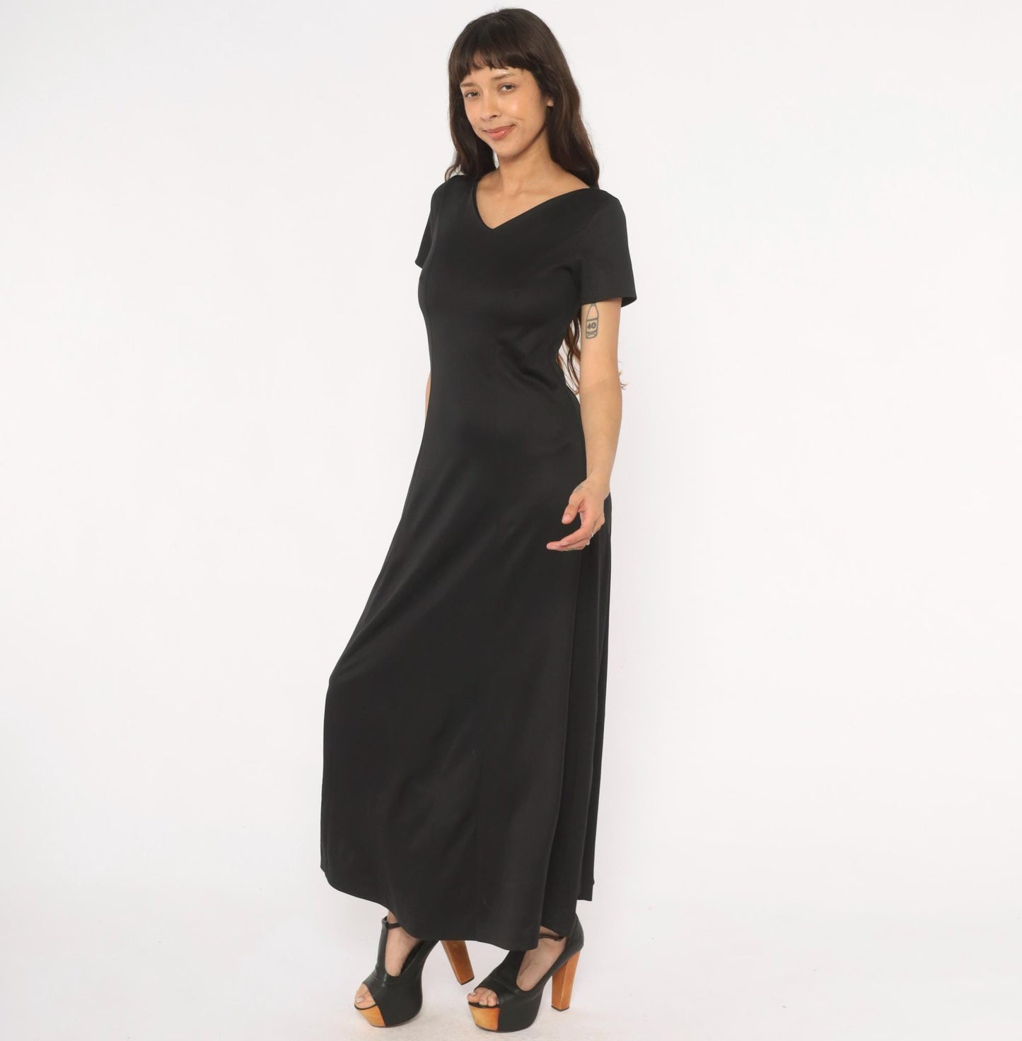 90s Black Maxi Dress V Neck Short Sleeve A Line Formal Gown Small S