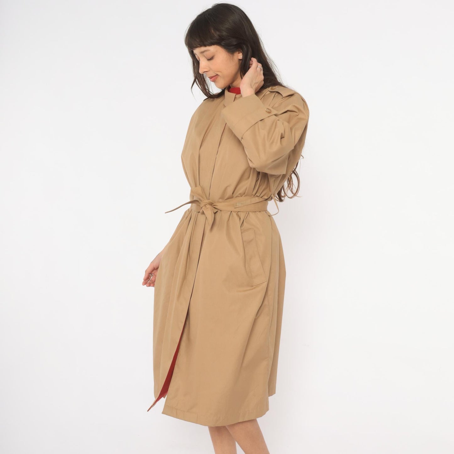 80s Tan Trench Coat Red Lined Button Front Epaulette Knee Length Large L