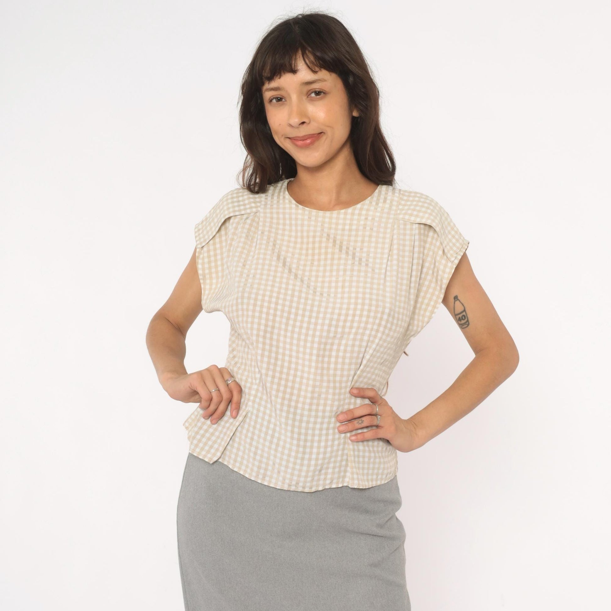 80s Componix Gingham Cap Sleeve Blouse Tan White Pintuck Peplum Medium