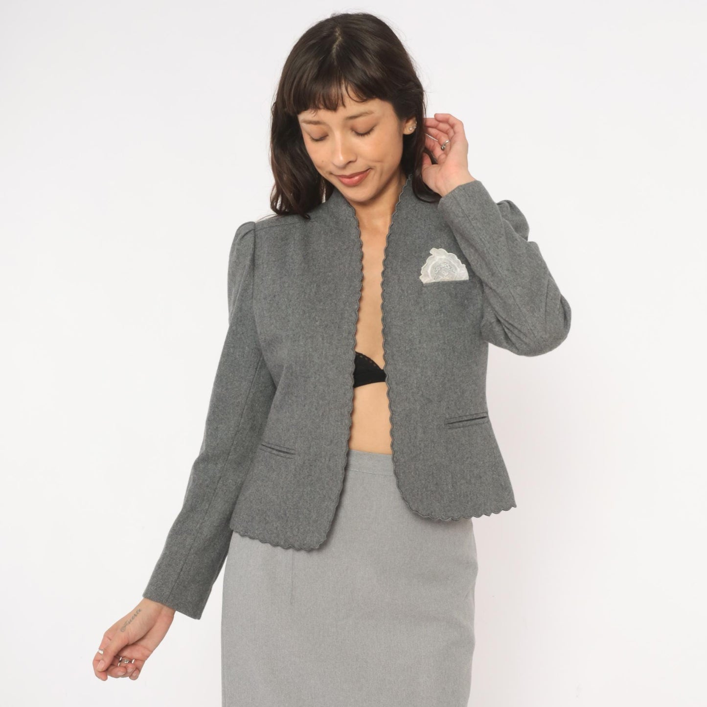 80s Sasson Grey Scalloped Blazer Puff Sleeve Mandarin Collar Cropped Small S