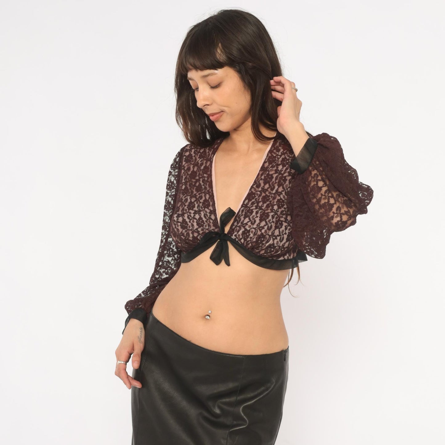 70s Rovel of California Black Lace Crop Top Tie Front Deep V Neck Bishop Sleeve Small