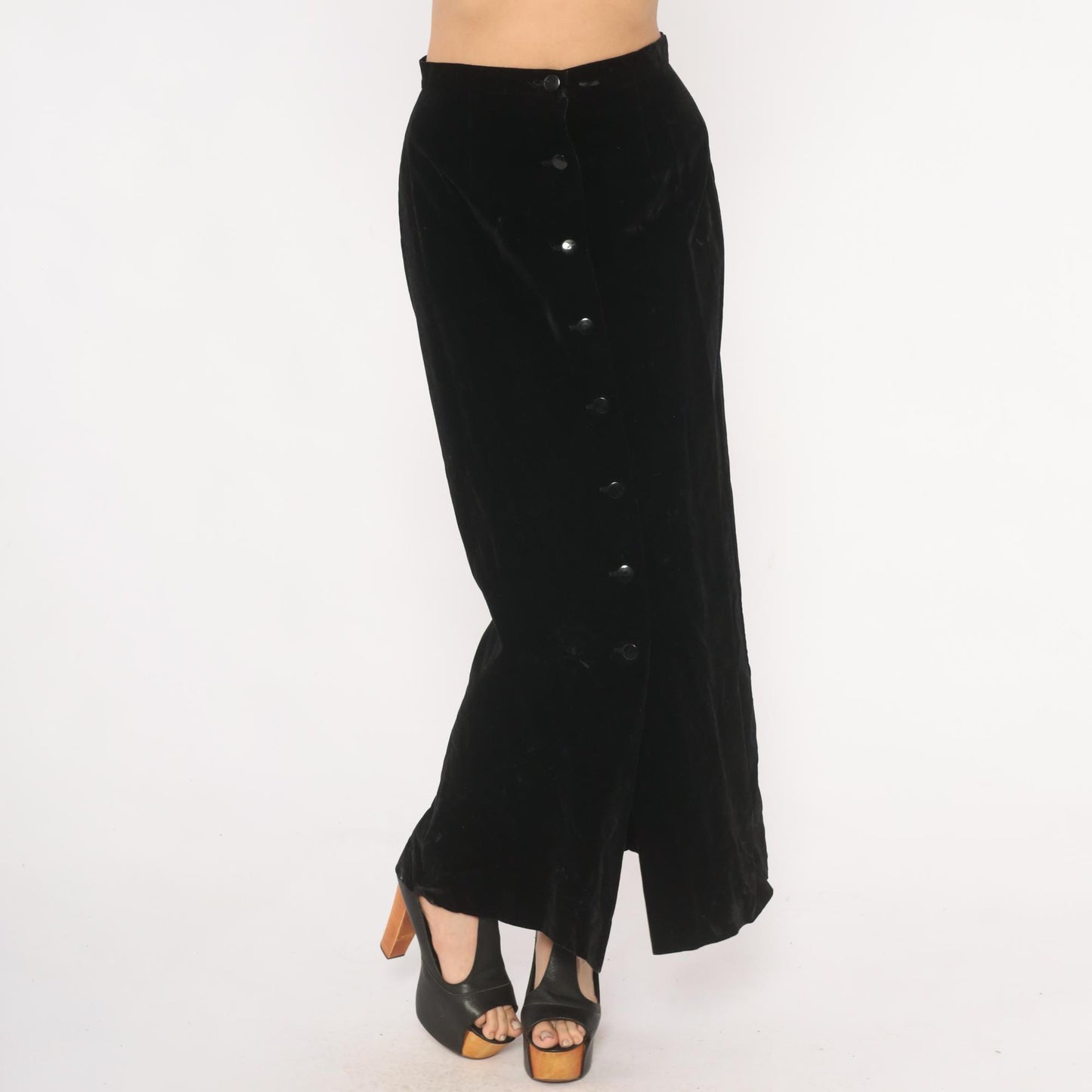 90s Black Velvet Maxi Skirt Button Front A-Line High Waist Small S